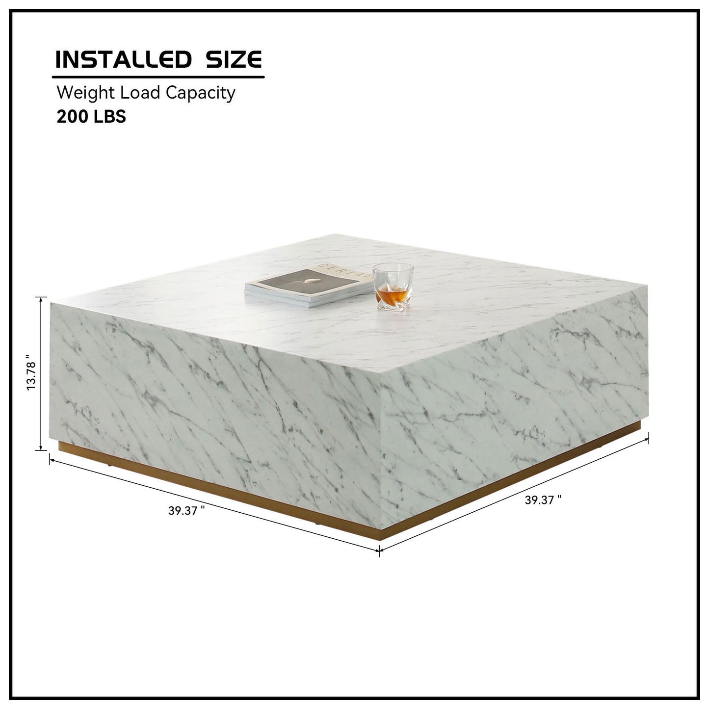 Modern Square Coffee Table Low Gloss Marble White Finish End Table for Living Room 39.37"W x 13.78"H