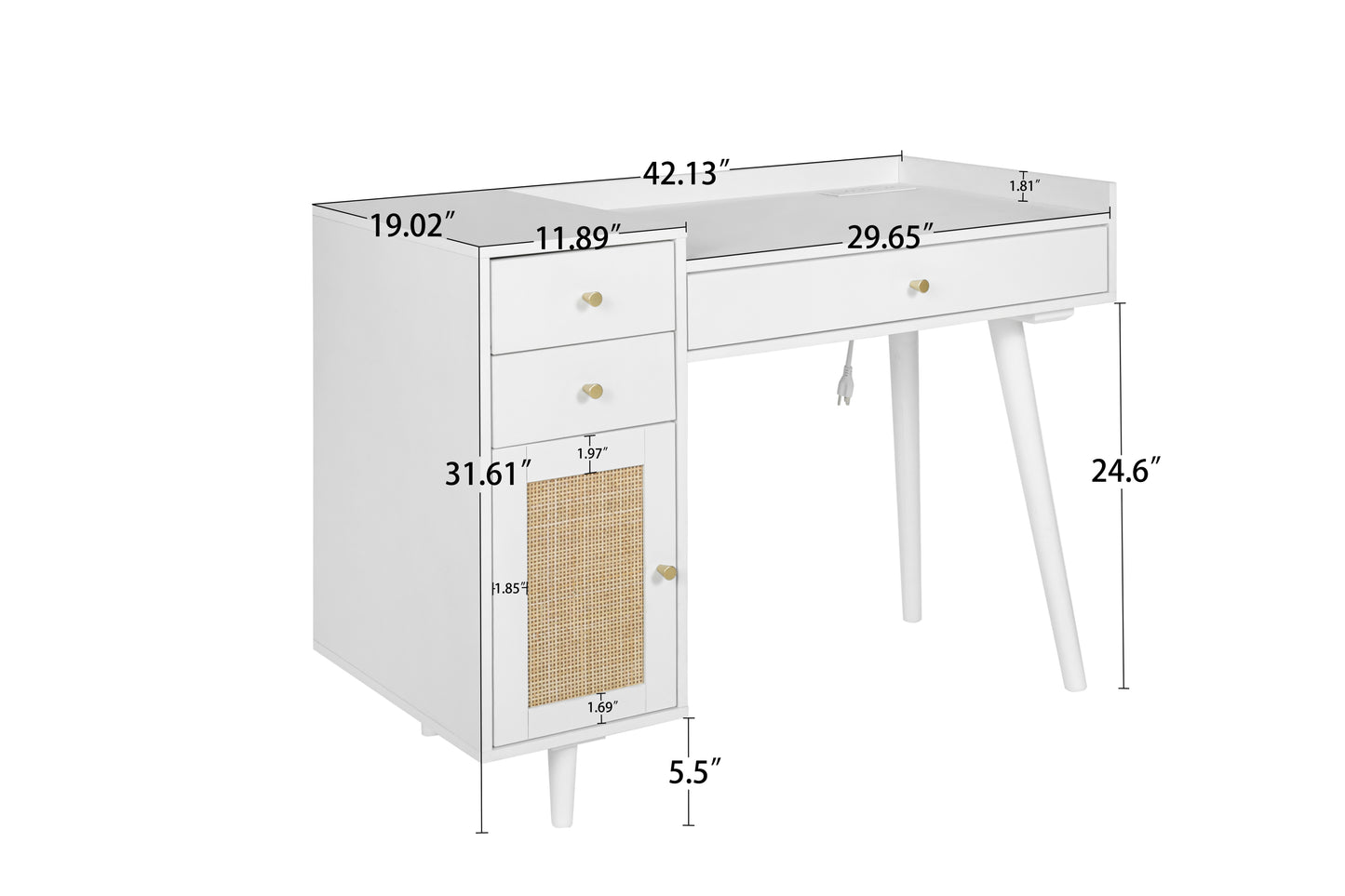 Makeup Vanity with Drawers | Mid-Century White Wood Dressing Table Desk | Rattan Door | Size Options