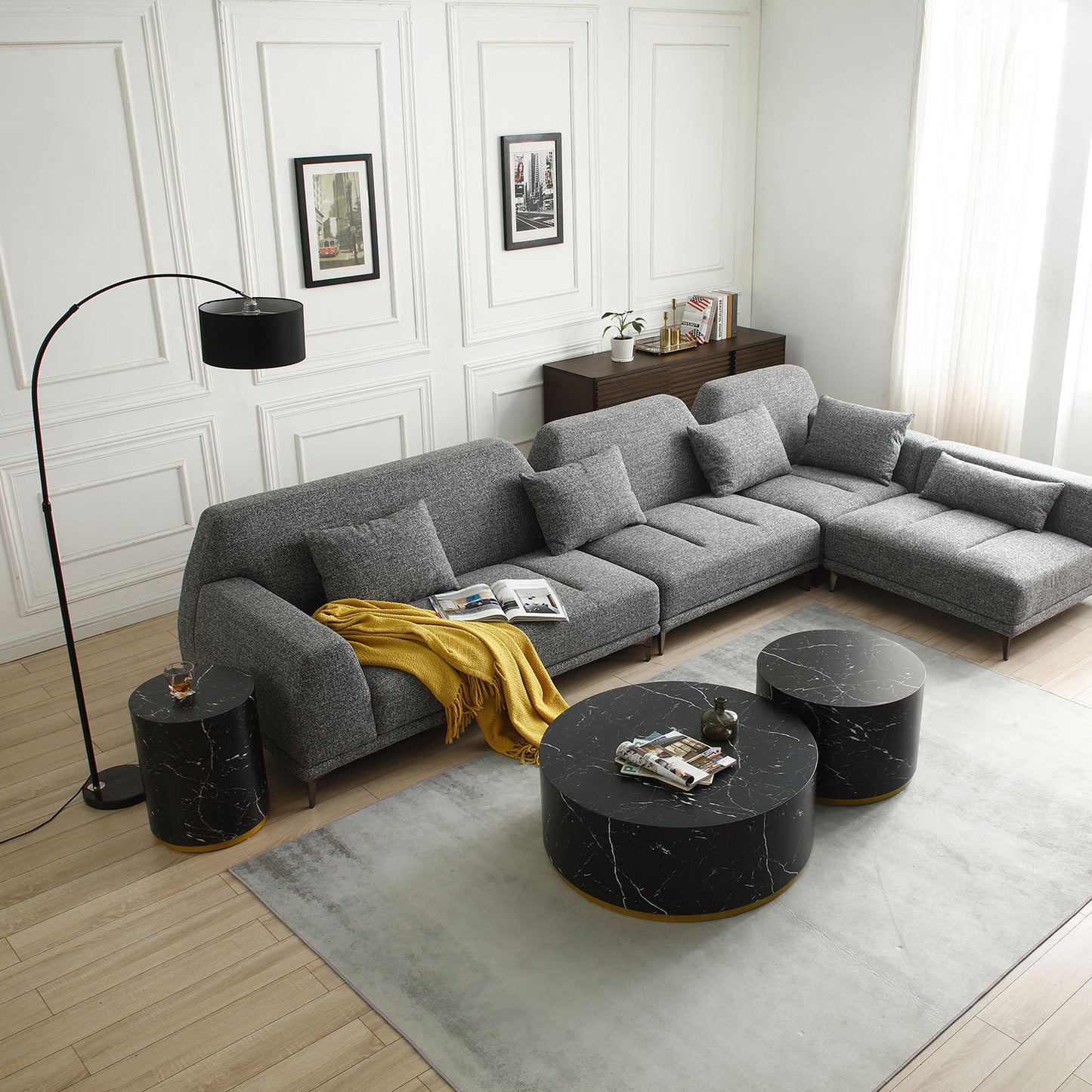 Modern Faux Marble Coffee Tables: 35.43inch Accent Tea Tables with Gold Metal Base in Black Color