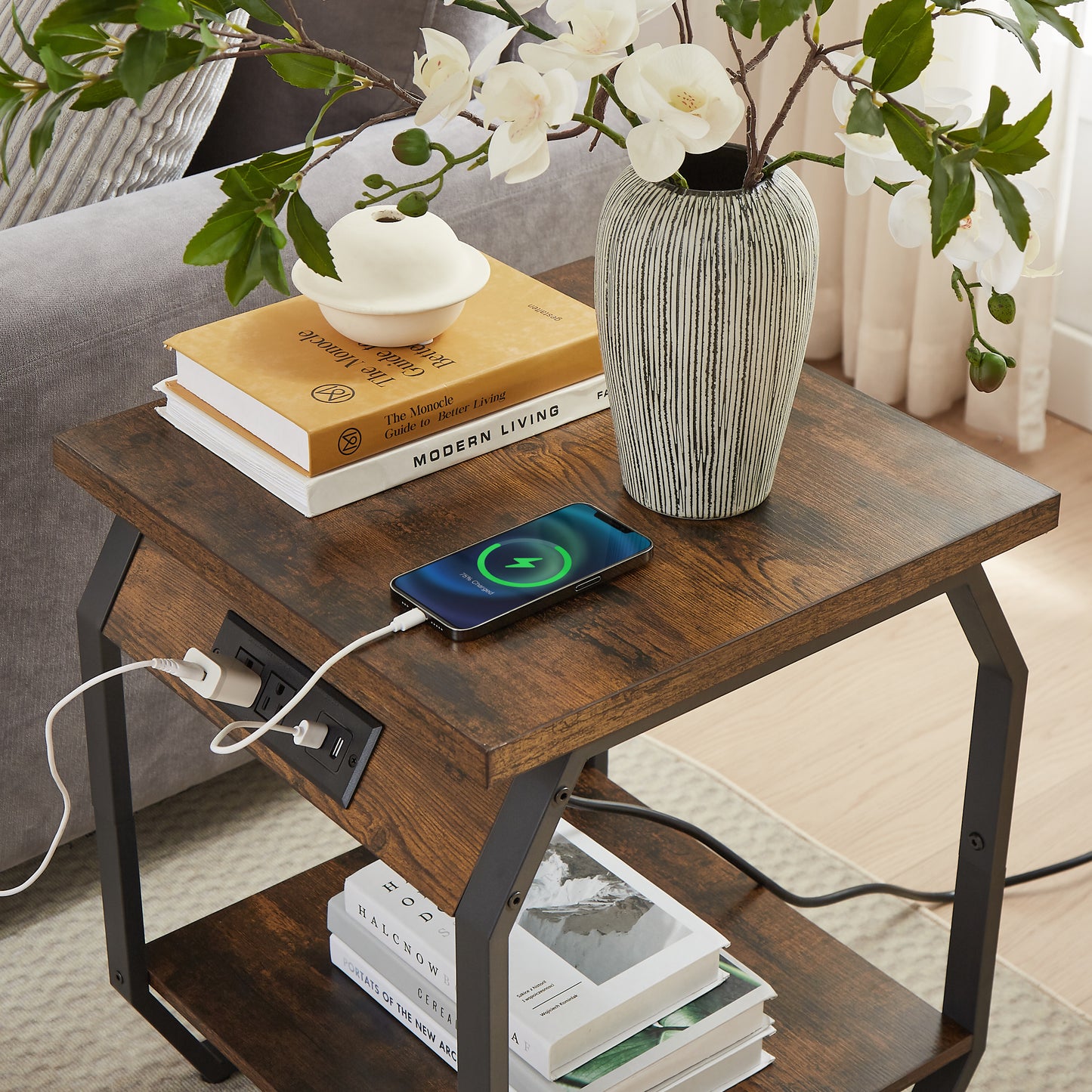 Side Table with Charging Station, Set of 2 End Tables with USB Ports and Sockets, Bedside Tables in Living Room, Bedroom, Rustic Brown, 17.32'' W x 17.32'' D x 21.65'' H