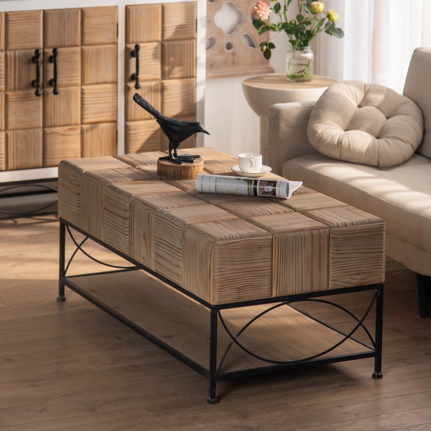 "Retro Square Coffee Table with Small Grid Splicing Design for Living, Office, and Dining Rooms - 47.64" Size"