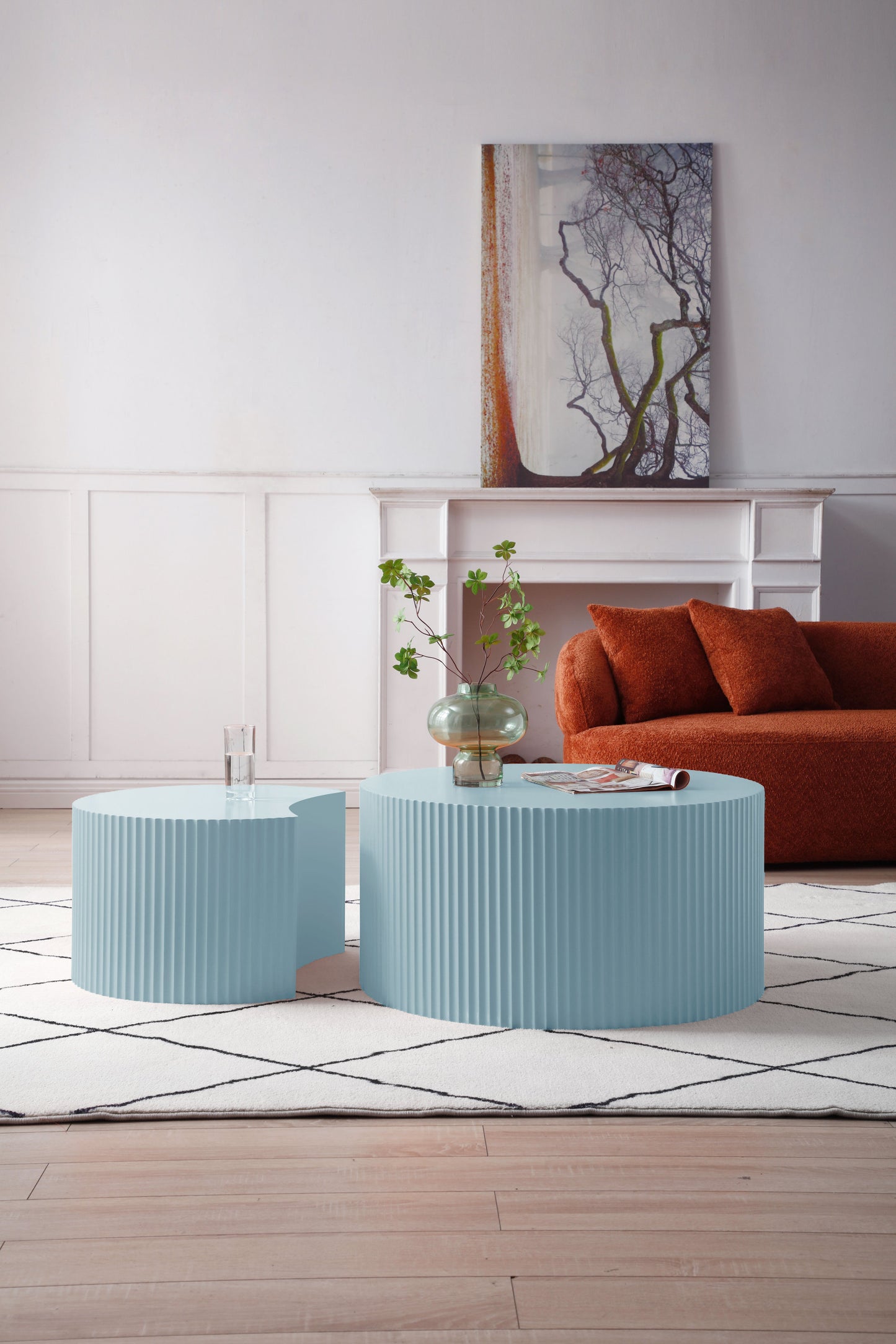 Handcrafted Relief MDF Nesting Table Set of 2, No Assembly Required, Light Blue - Coffee Table Set for Effortless Style