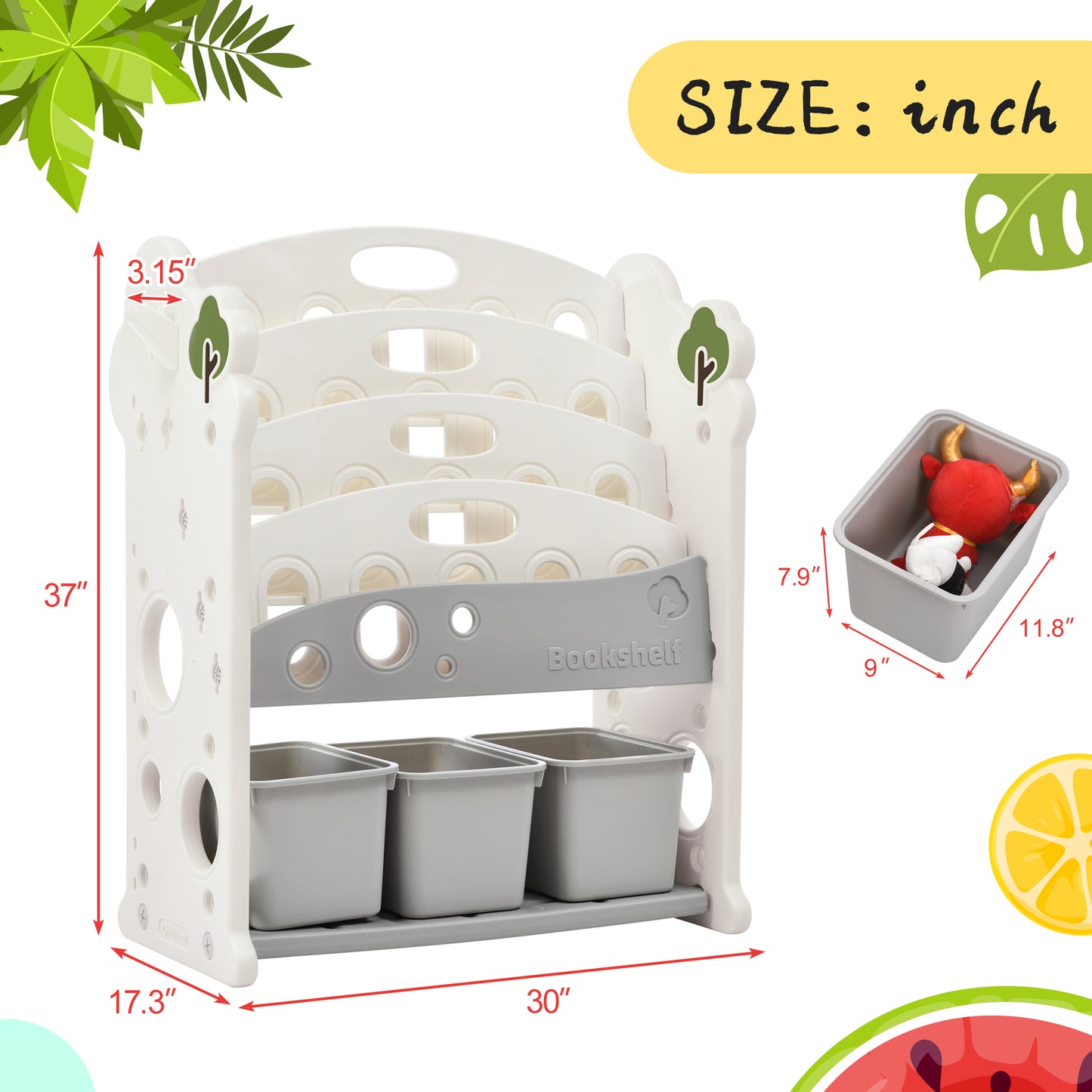 Kids Bookshelf Toy Storage Organizer with 3 Large Bins and 4 Bookshelves - Multi-functional Nursery Furniture Set for Playroom, Bedroom, Living Room - HDPE Shelf and Bins - Space-saving Storage Solution