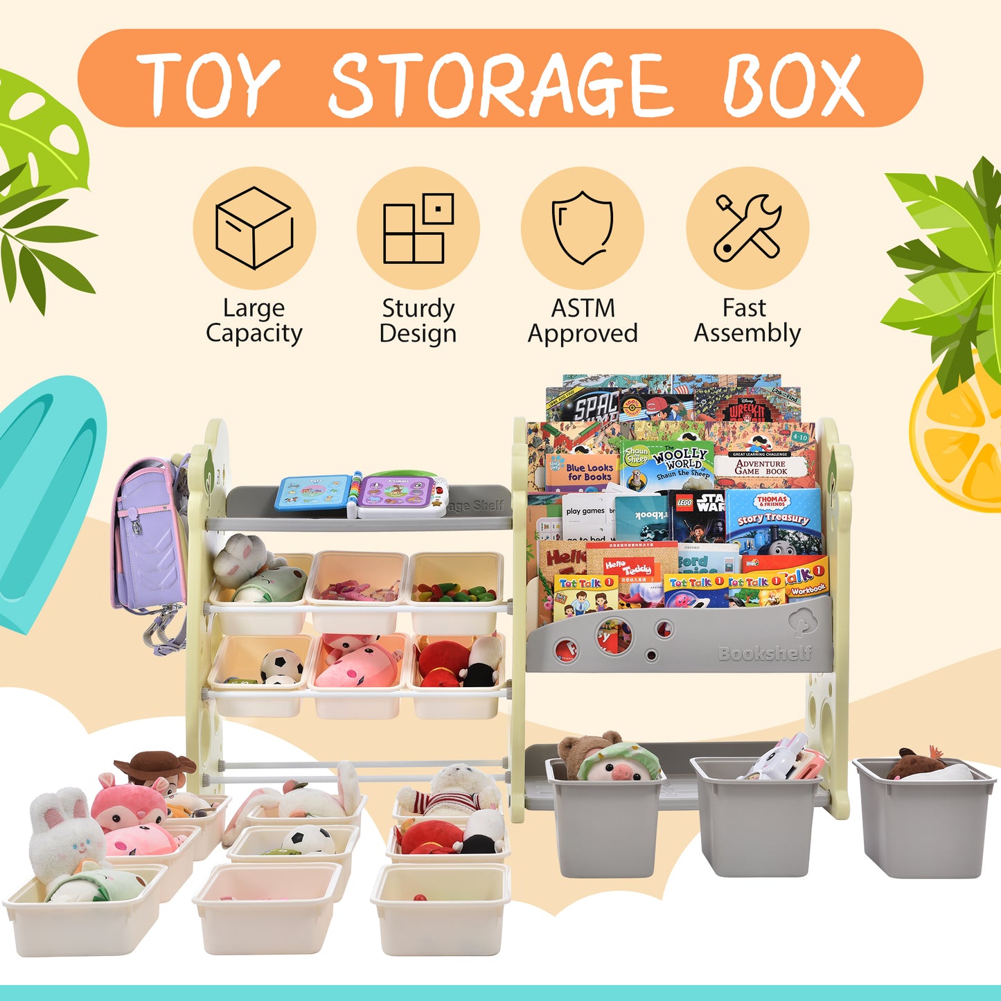Kids Bookshelf Toy Storage Organizer: 12 Bins, 4 Bookshelves, Multi-functional Nursery Organizer, HDPE Shelf and Bins