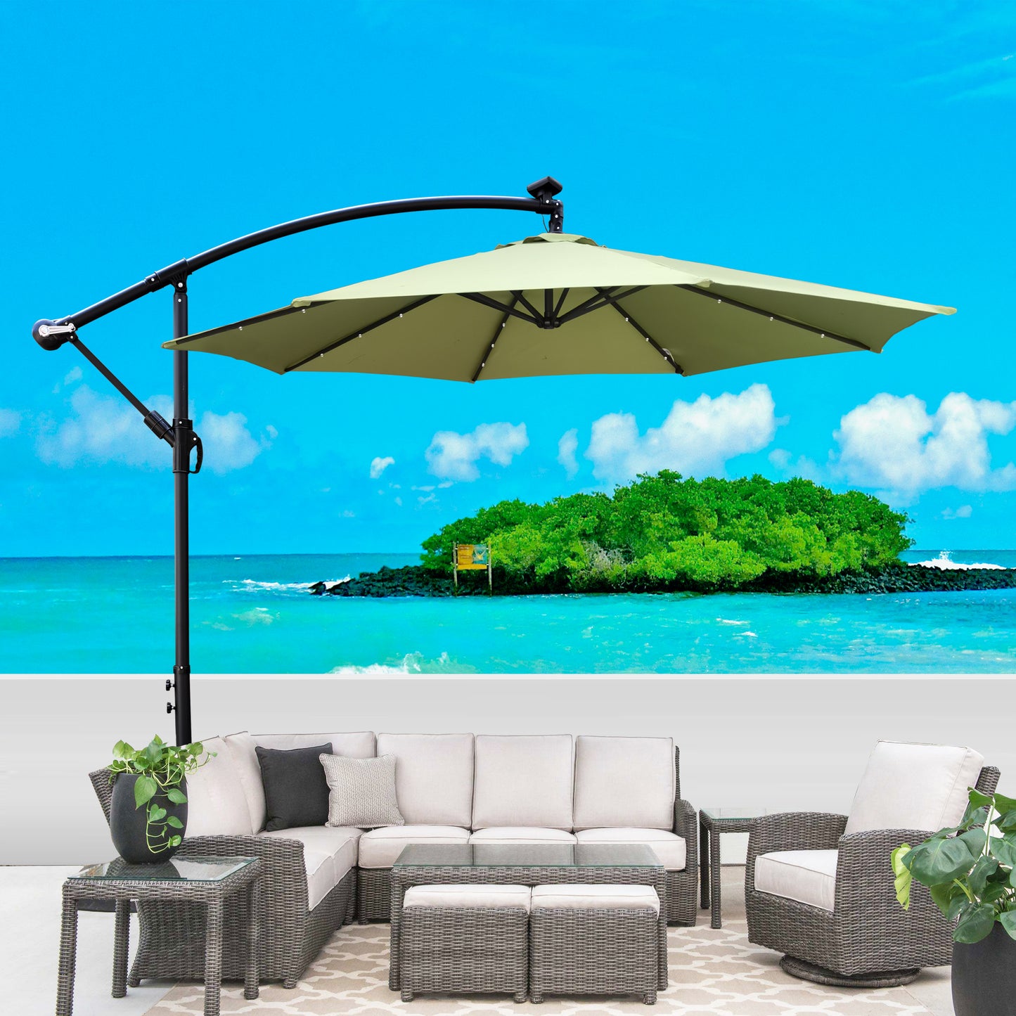 10 ft Outdoor Patio Umbrella Solar Powered LED Lighted Sun Shade Market Waterproof 8 Ribs Umbrella with Crank and Cross Base - Ideal for Garden, Deck, Backyard, Pool, and Outside Deck Swimming Pool - Various Colors & Sizes Available