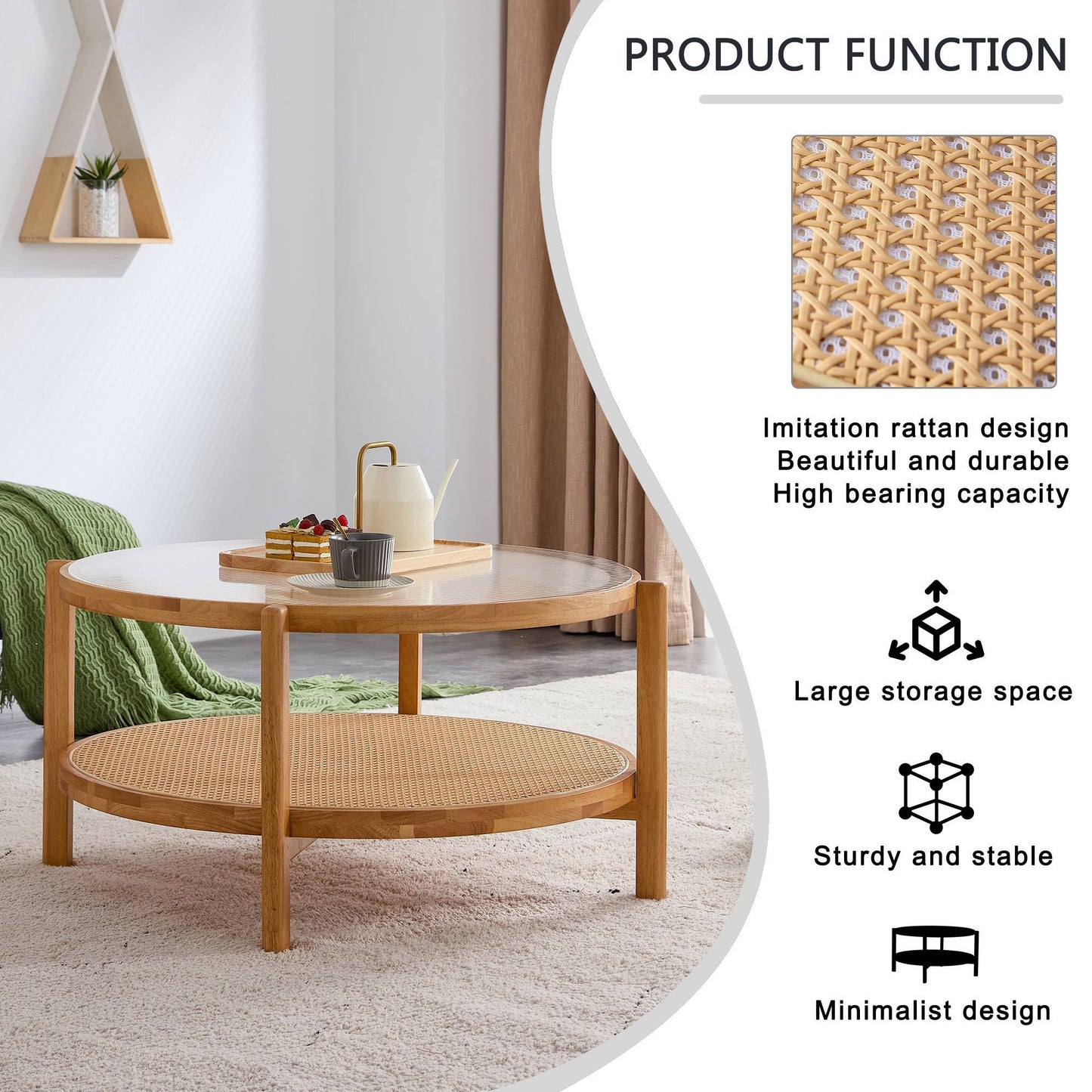 Modern Simple Circular Double-Layer Solid Wood Tea Table: Rattan Woven Side Table for Living, Dining, and Bedroom - Small Round Table (Color & Size Options)