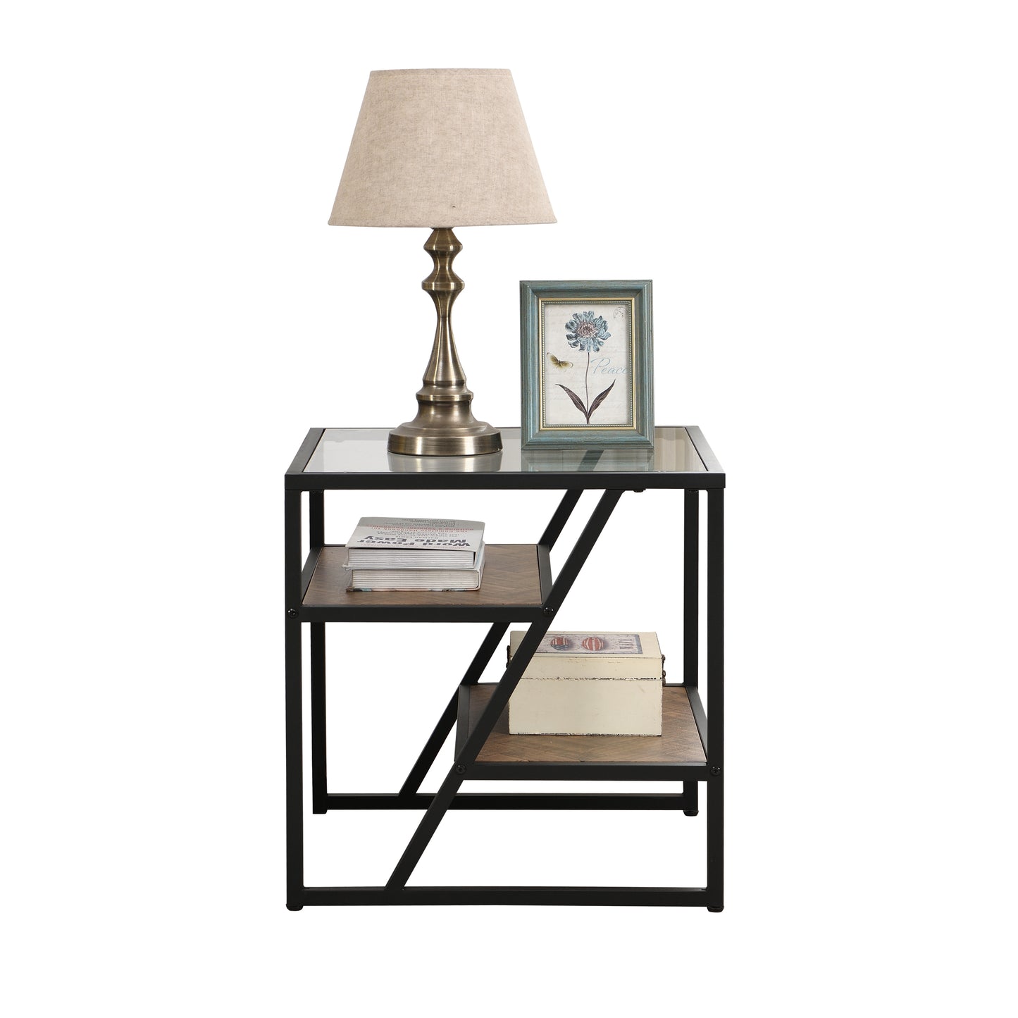 Black Side Table, End Table with Storage Shelf, Tempered Glass Coffee Table with Metal Frame for Living Room & Bedroom, Modern Design Furniture
