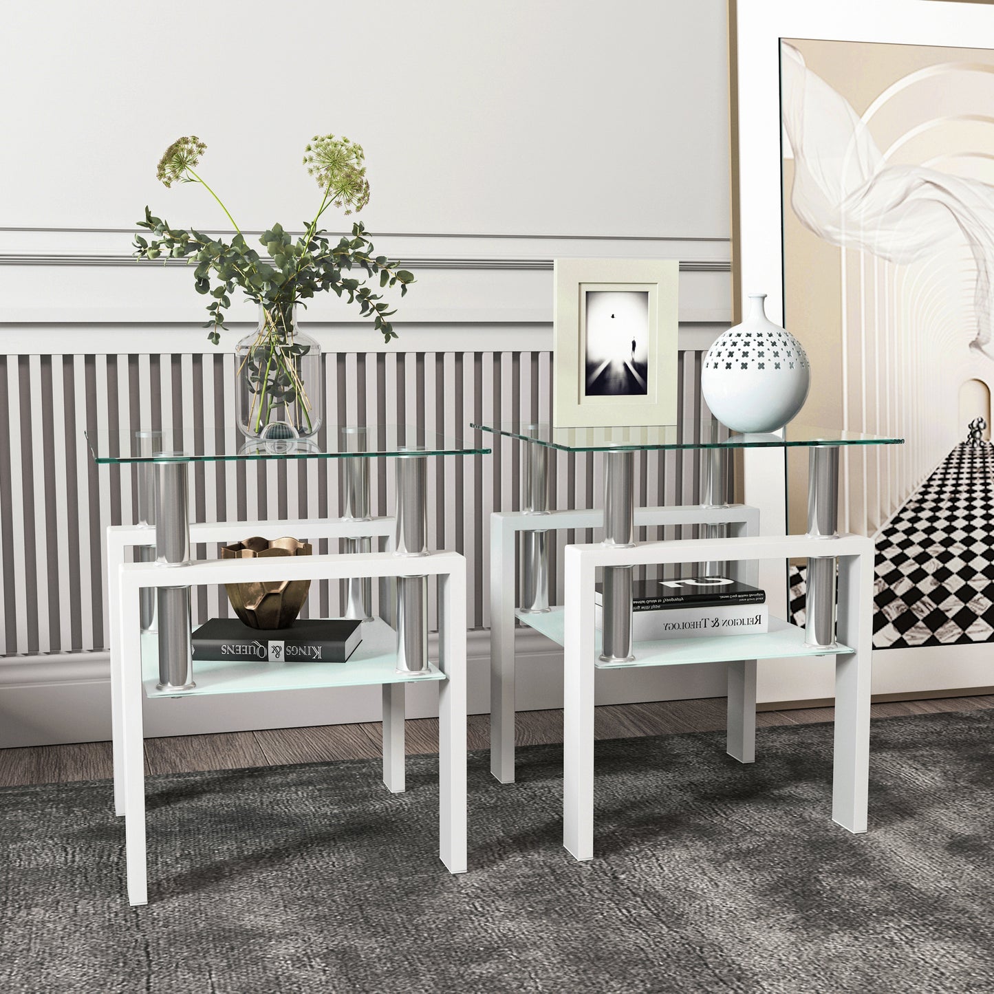 Square Tempered Glass Tea Table Coffee Table End Table Set, Modern and Transparent/White Design for Living Room