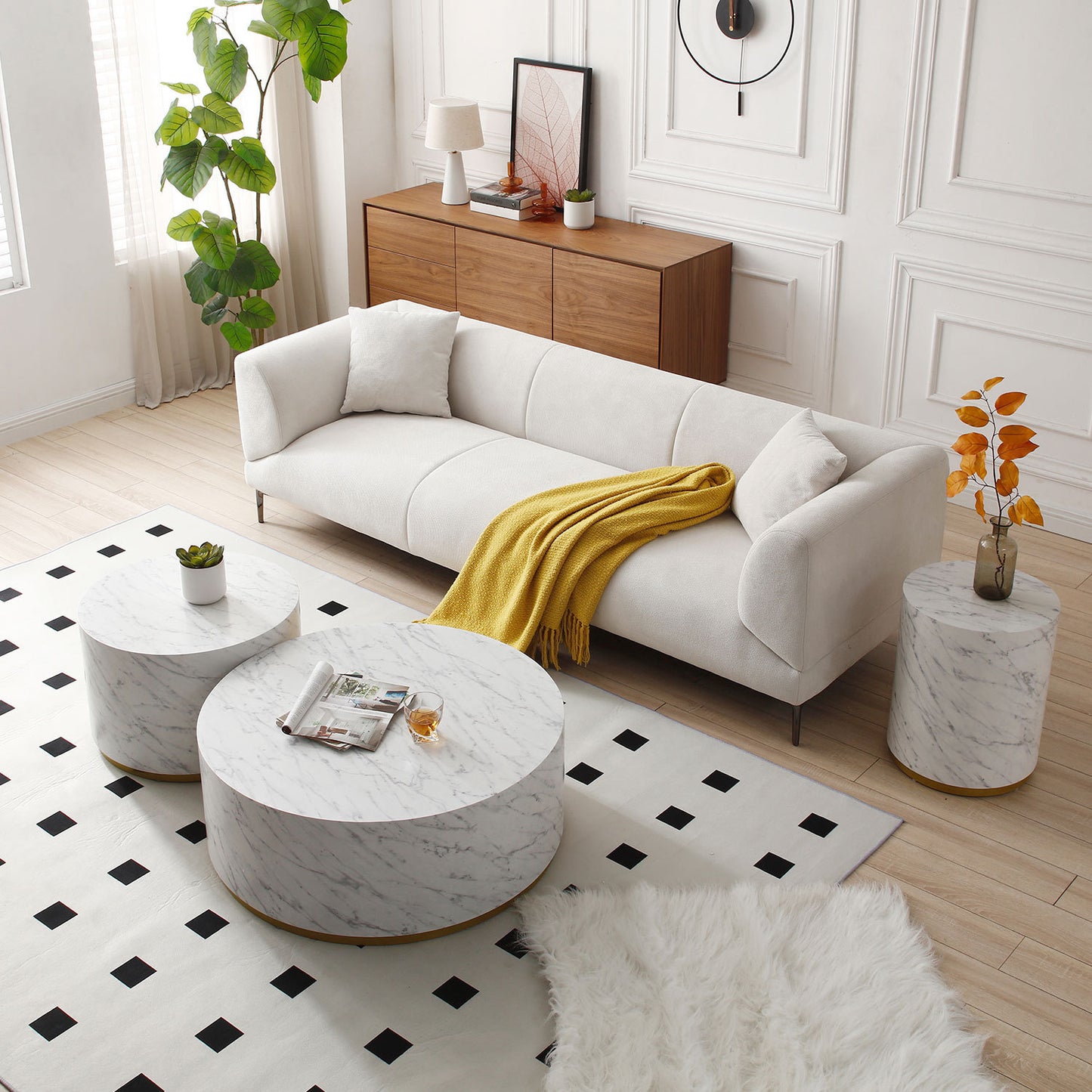 Faux Marble Coffee Tables for Living Room: 35.43inch Accent Tea Tables with Gold Metal Base in White