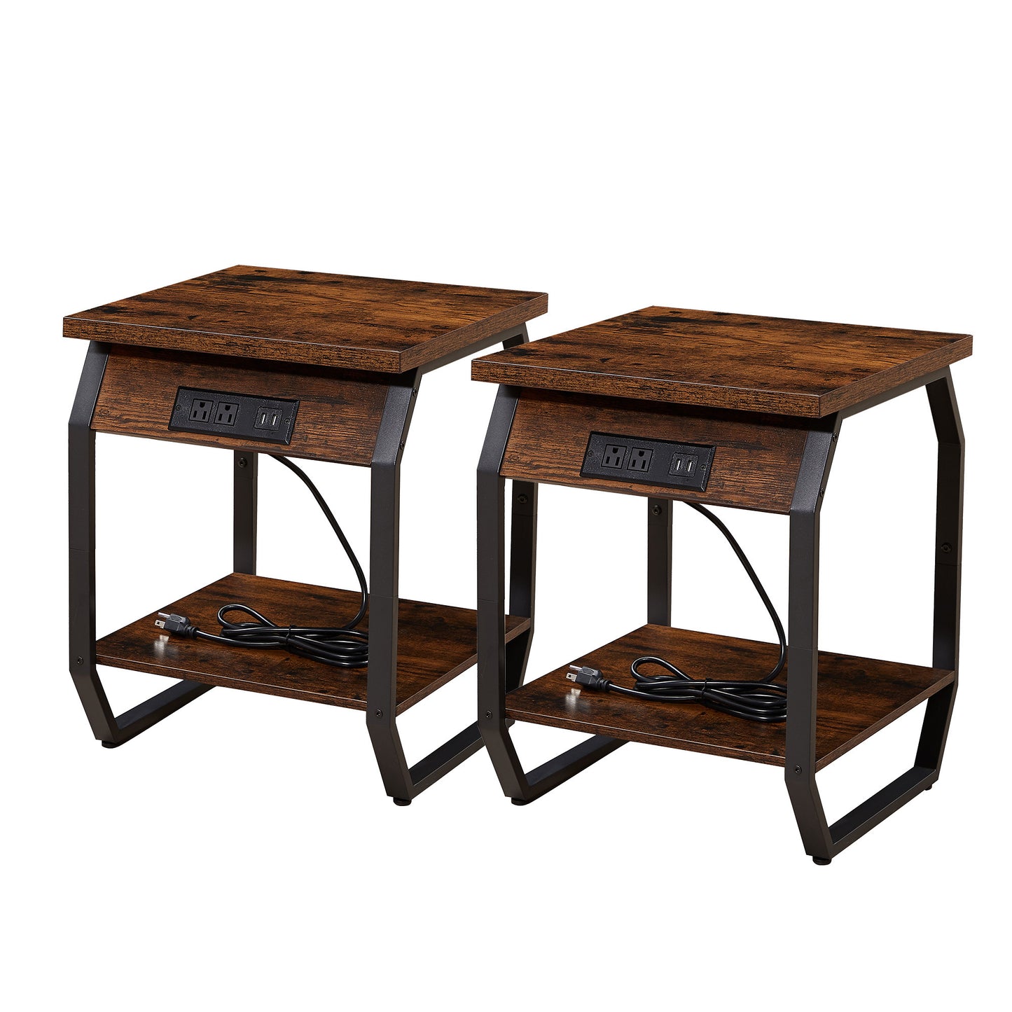 Side Table with Charging Station, Set of 2 End Tables with USB Ports and Sockets, Bedside Tables in Living Room, Bedroom, Rustic Brown, 17.32'' W x 17.32'' D x 21.65'' H