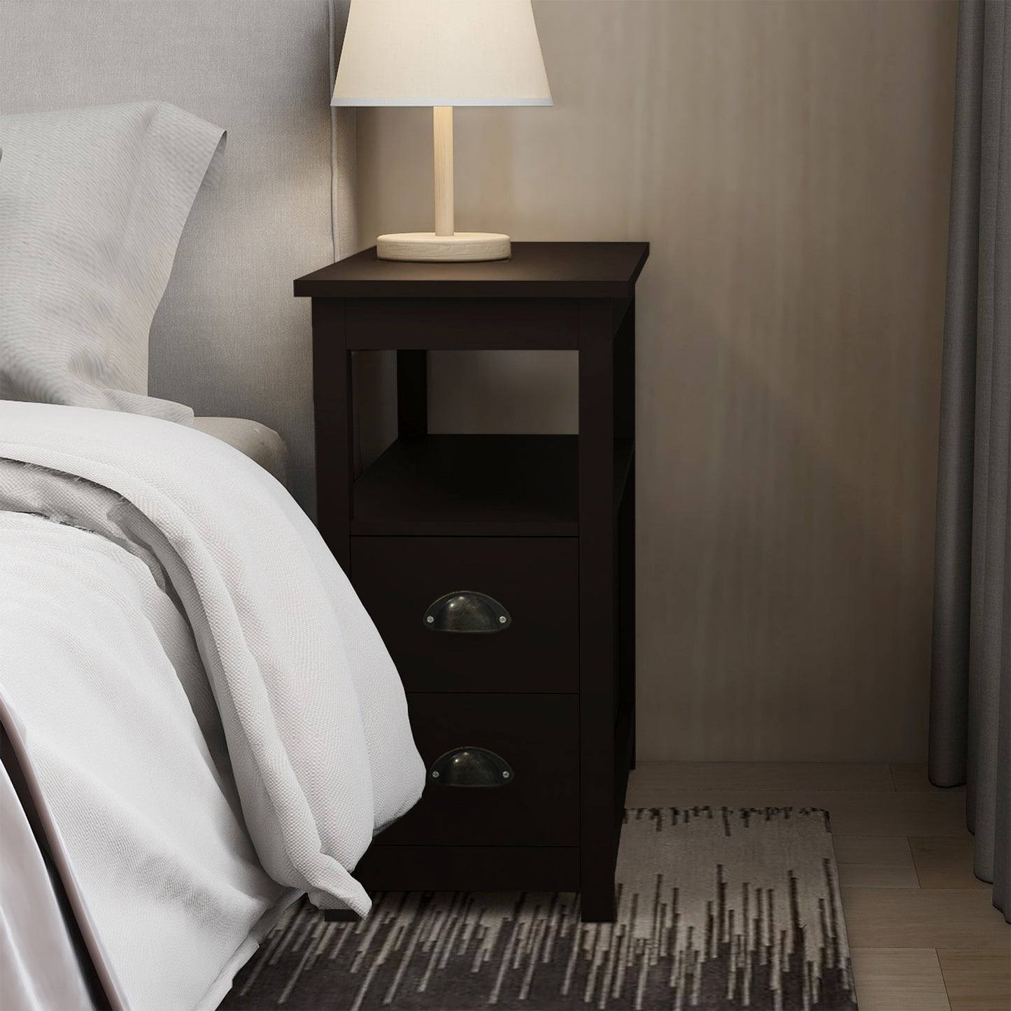 Narrow Nightstand: 2 Drawers, Open Shelf, Brown Color | End Table with Compact Design - 220 Letters