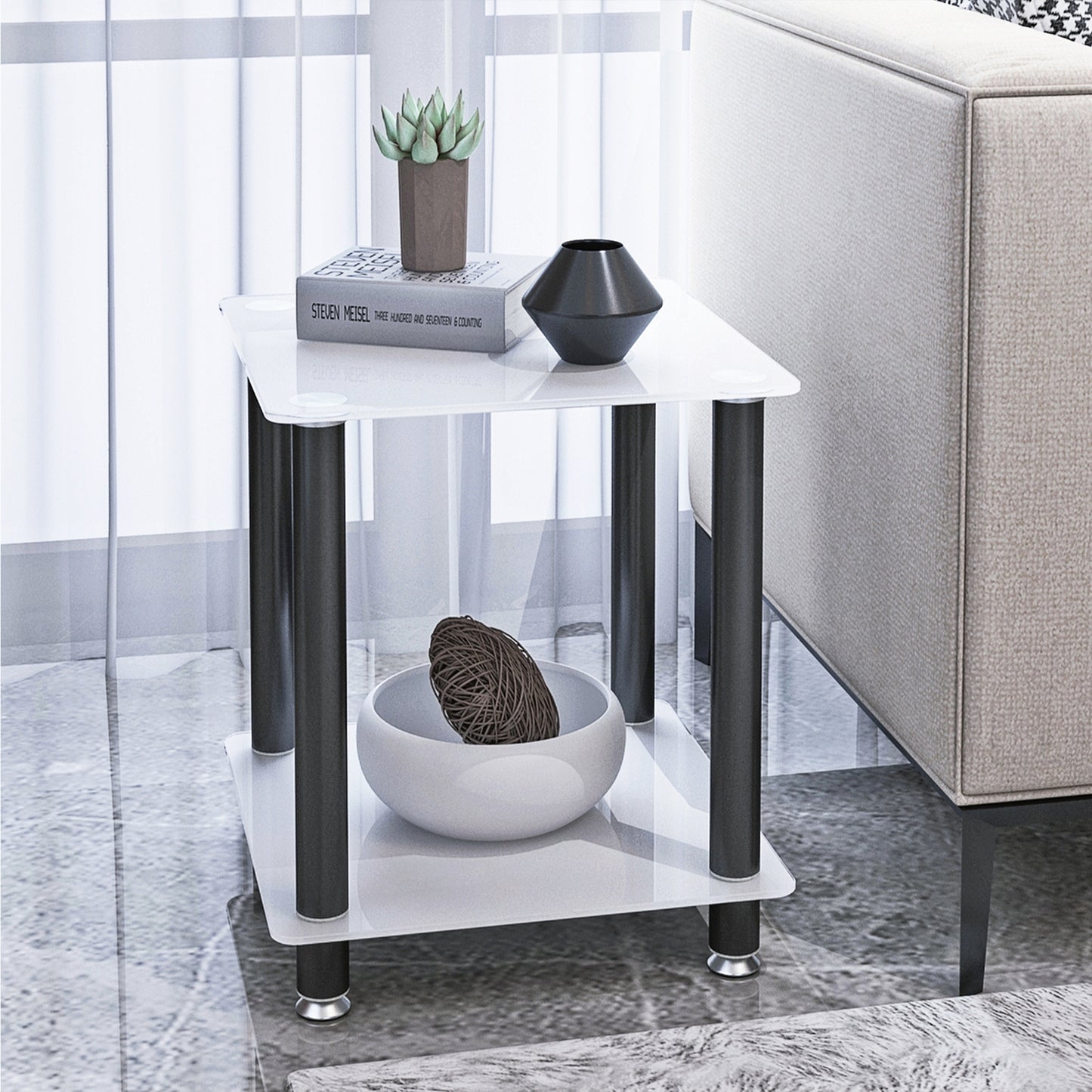 1-Piece White+Black Side Table, 2-Tier Space End Table, Modern Night Stand, Sofa Table with Storage Shelf - Stylish and Functional Furniture for Living Room, Bedroom, or Office