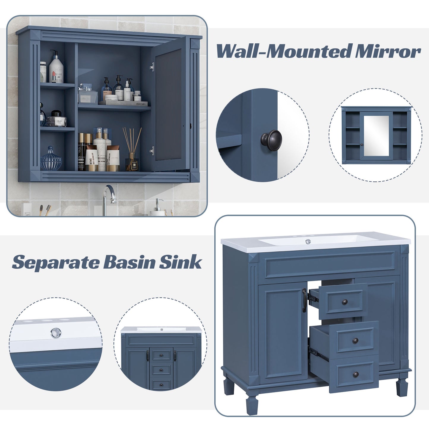 36'' Bathroom Vanity with Top Sink - Royal Blue Mirror Cabinet, Modern Storage Cabinet with 2 Doors and 2 Drawers - Single Sink Vanity