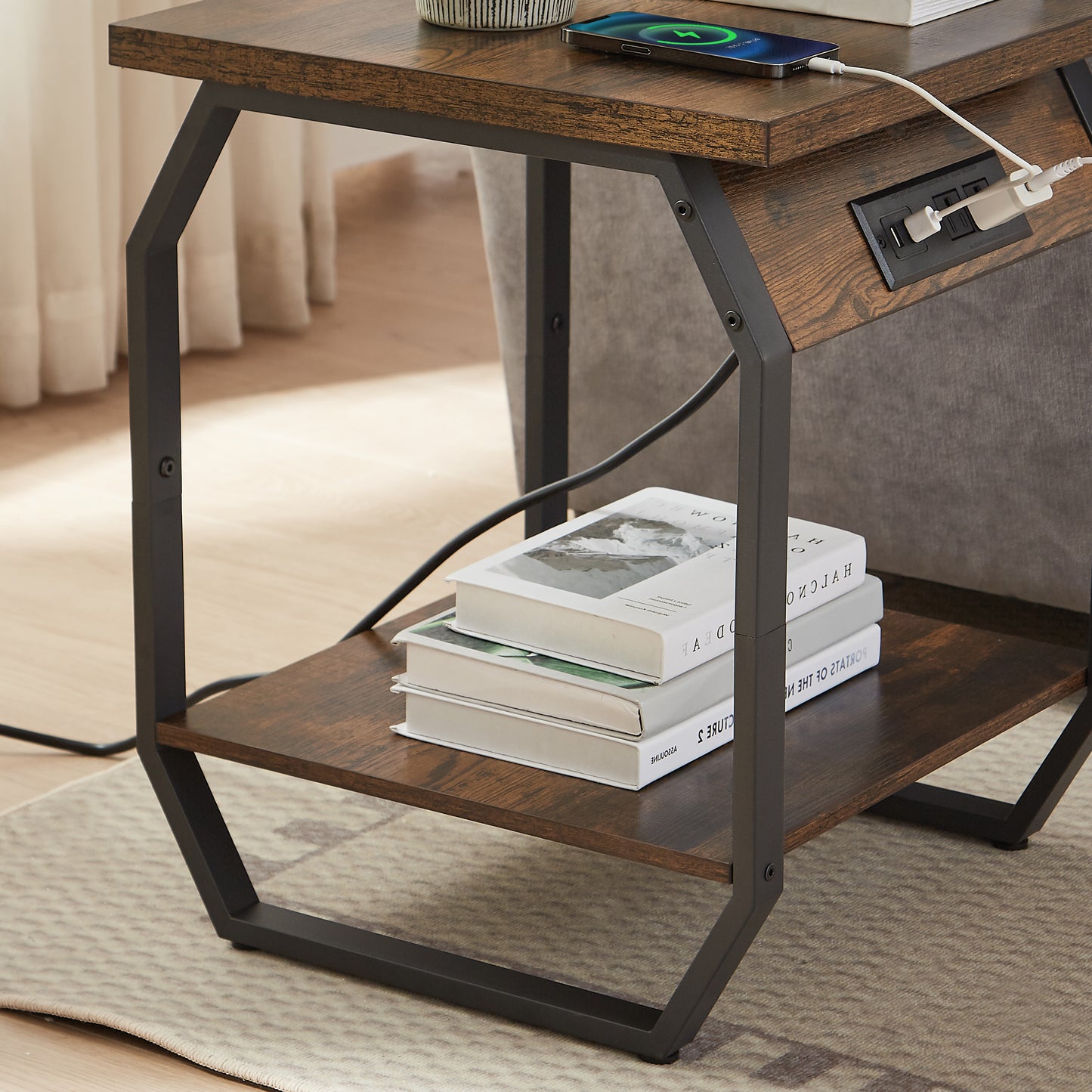 Side Table with Charging Station, Set of 2 End Tables with USB Ports and Sockets, Bedside Tables in Living Room, Bedroom, Rustic Brown, 17.32'' W x 17.32'' D x 21.65'' H
