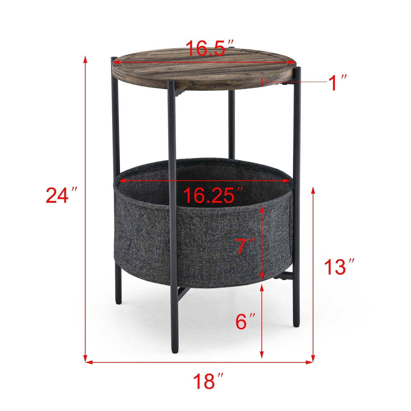 Modern Accent End Table with Storage Basket, Grey Cloth Bag, Brown Top (18"x18"x24")