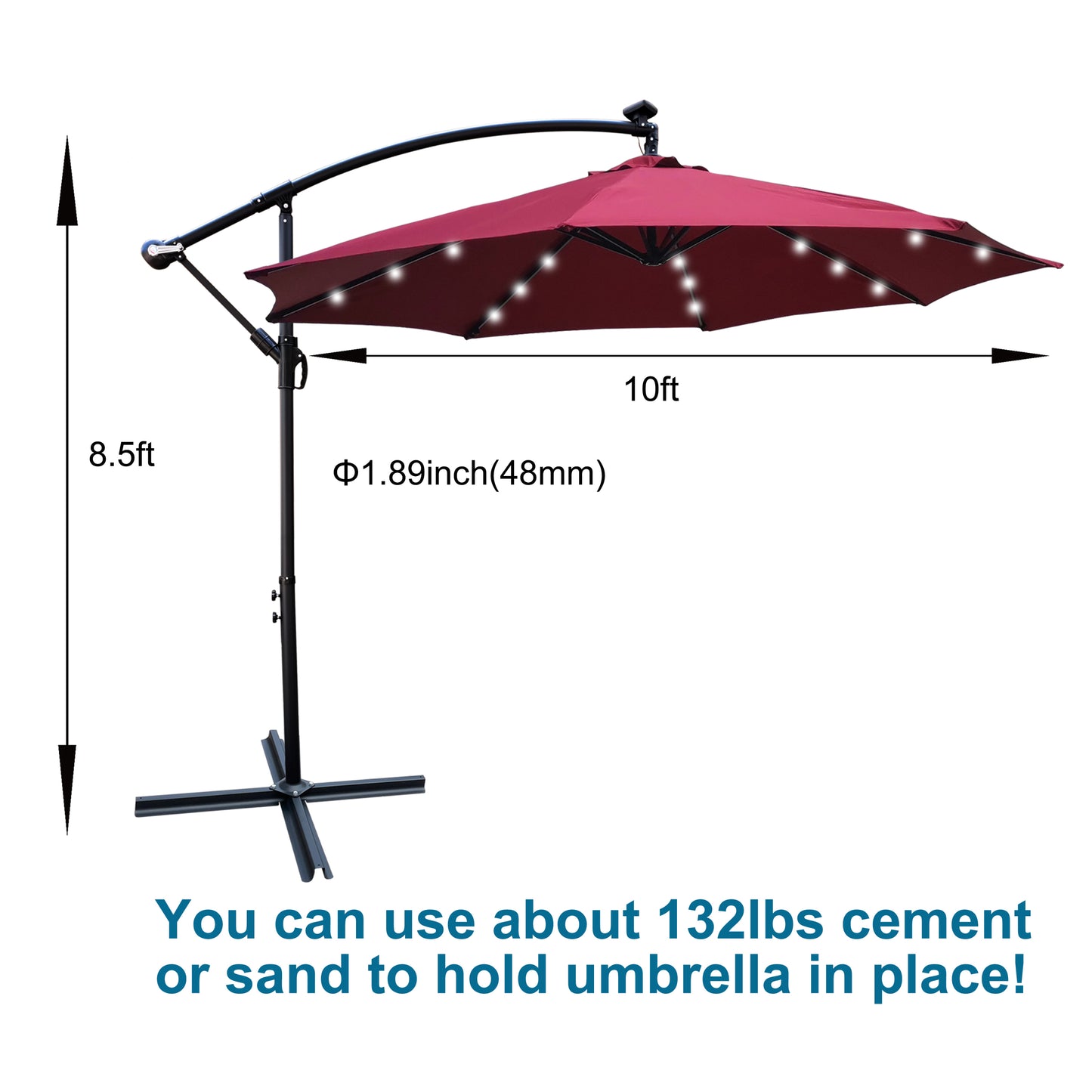 10 ft Outdoor Patio Umbrella Solar Powered LED Lighted Sun Shade Market Waterproof 8 Ribs Umbrella with Crank and Cross Base for Garden Deck Backyard Pool Shade Outside Deck Swimming Pool - Black, 10 ft