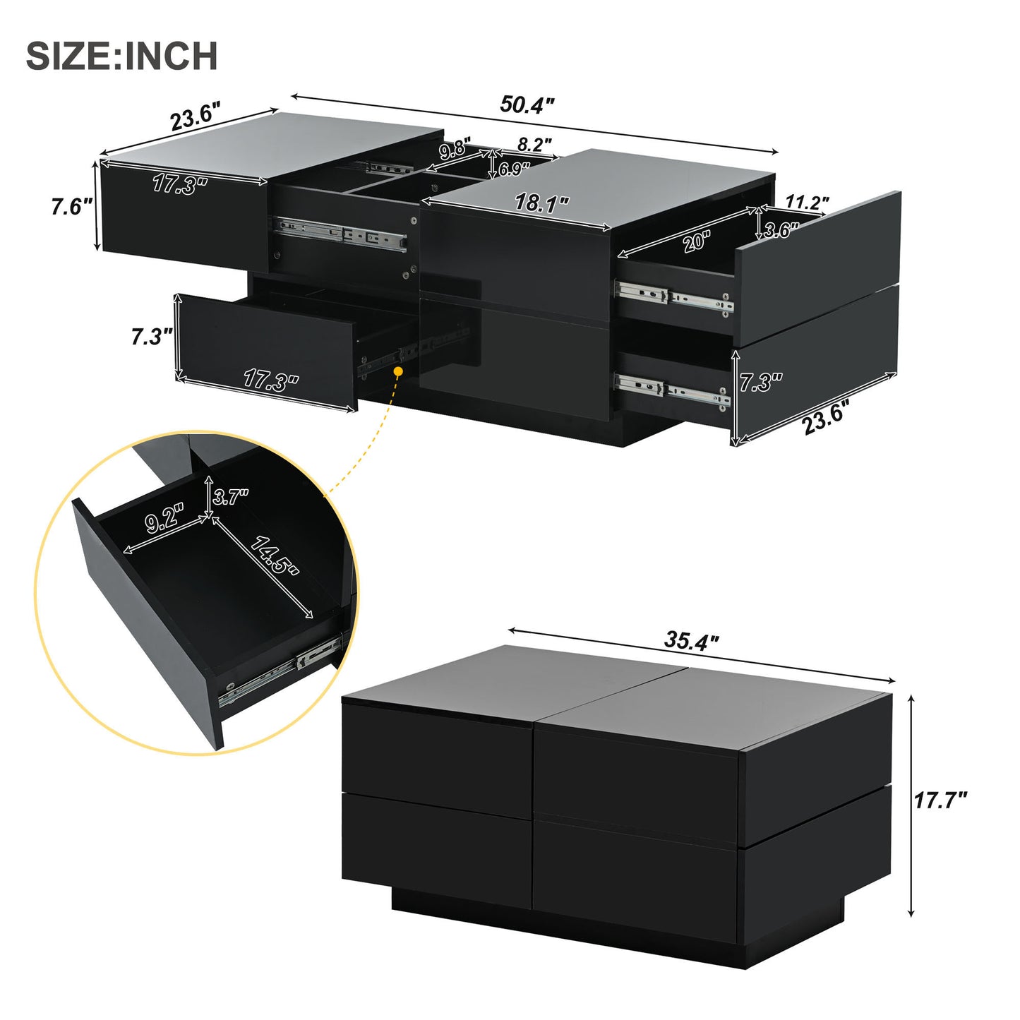 ON-TREND Extendable Coffee Table with 4 Drawers, Hidden Storage, UV High-gloss Center Table, Sliding Top, 35.4"x23.6", Black