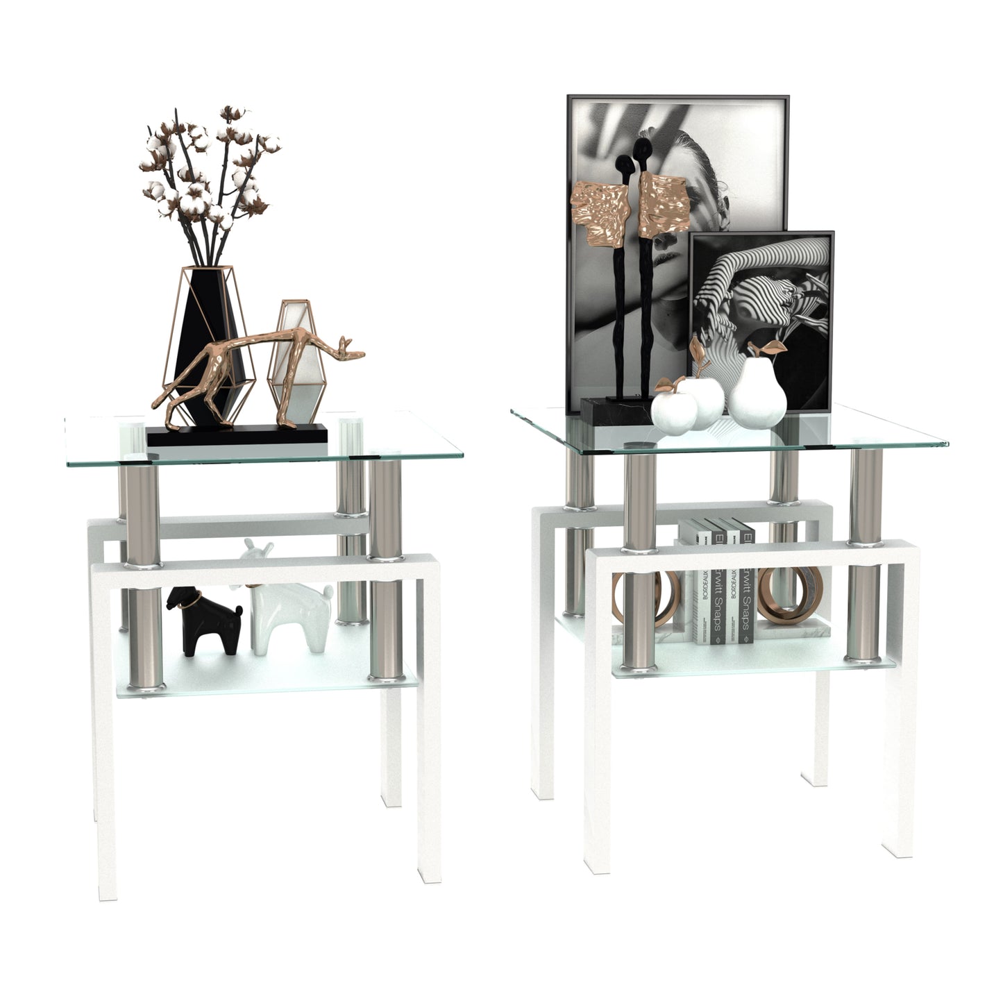 Square Tempered Glass Tea Table Coffee Table End Table Set, Modern and Transparent/White Design for Living Room
