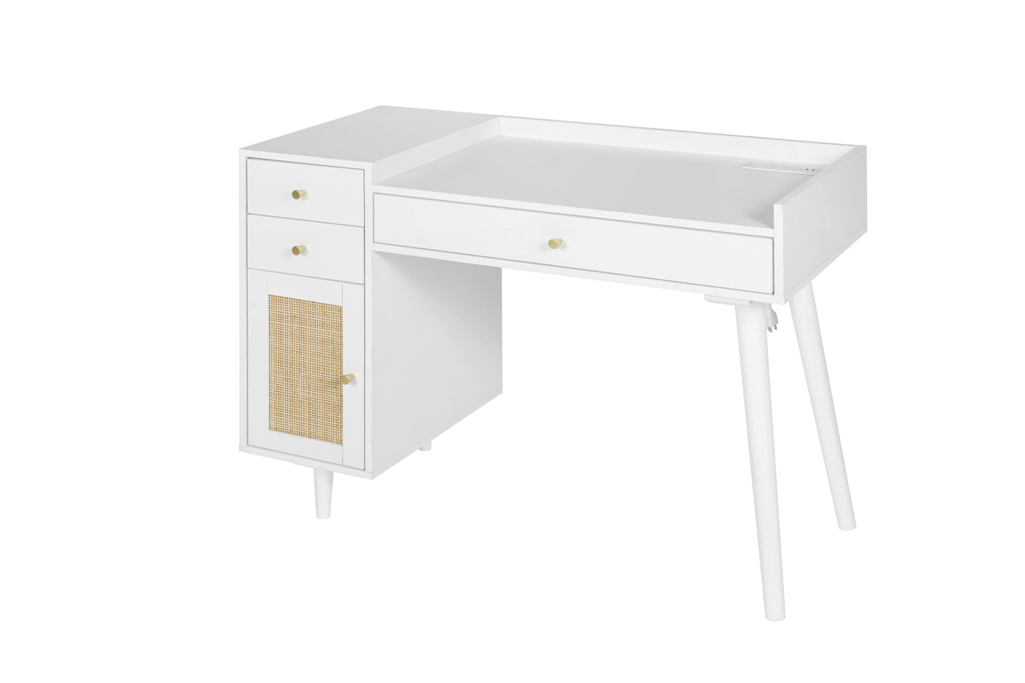 Makeup Vanity with Drawers | Mid-Century White Wood Dressing Table Desk | Rattan Door | Size Options