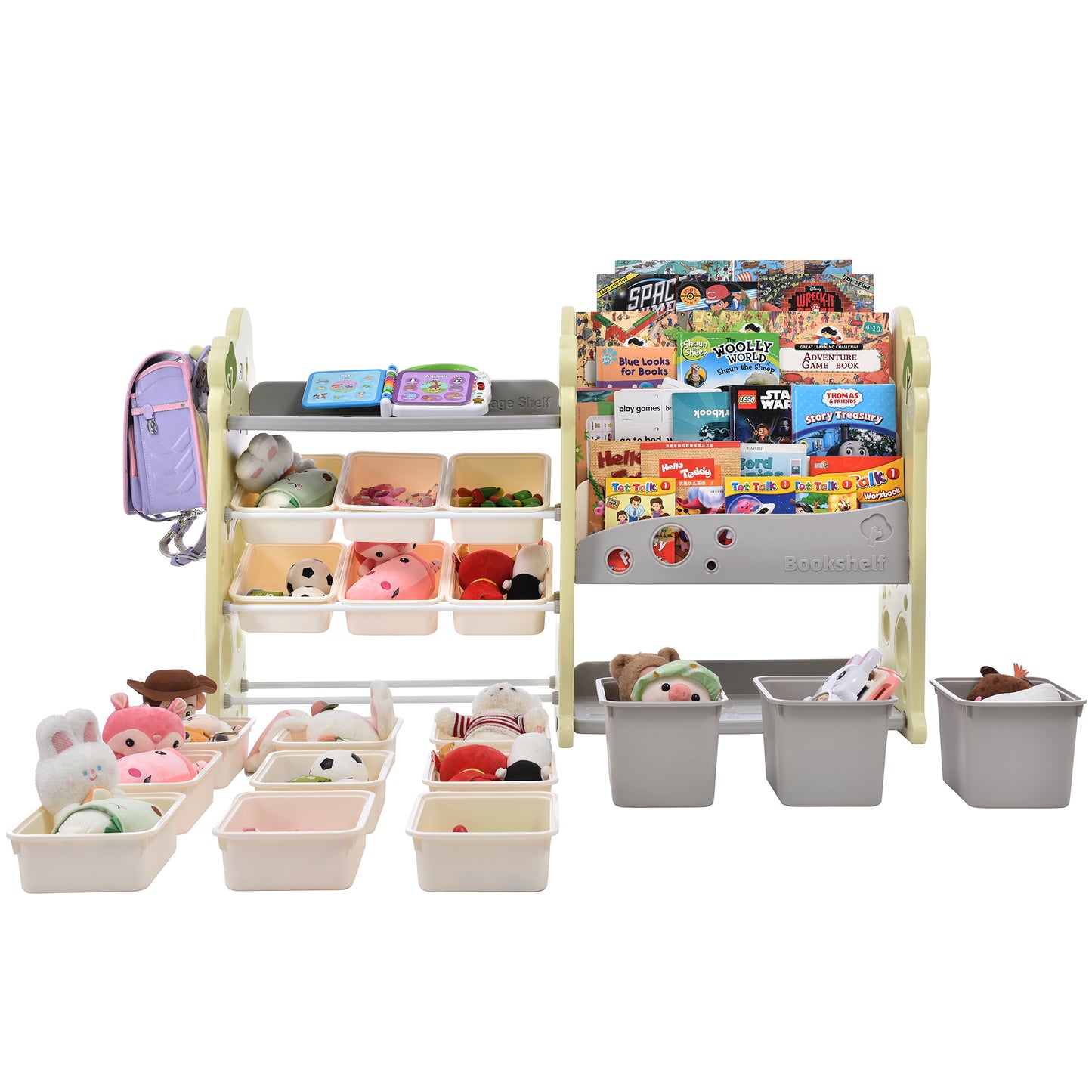 Kids Bookshelf Toy Storage Organizer: 12 Bins, 4 Bookshelves, Multi-functional Nursery Organizer, HDPE Shelf and Bins