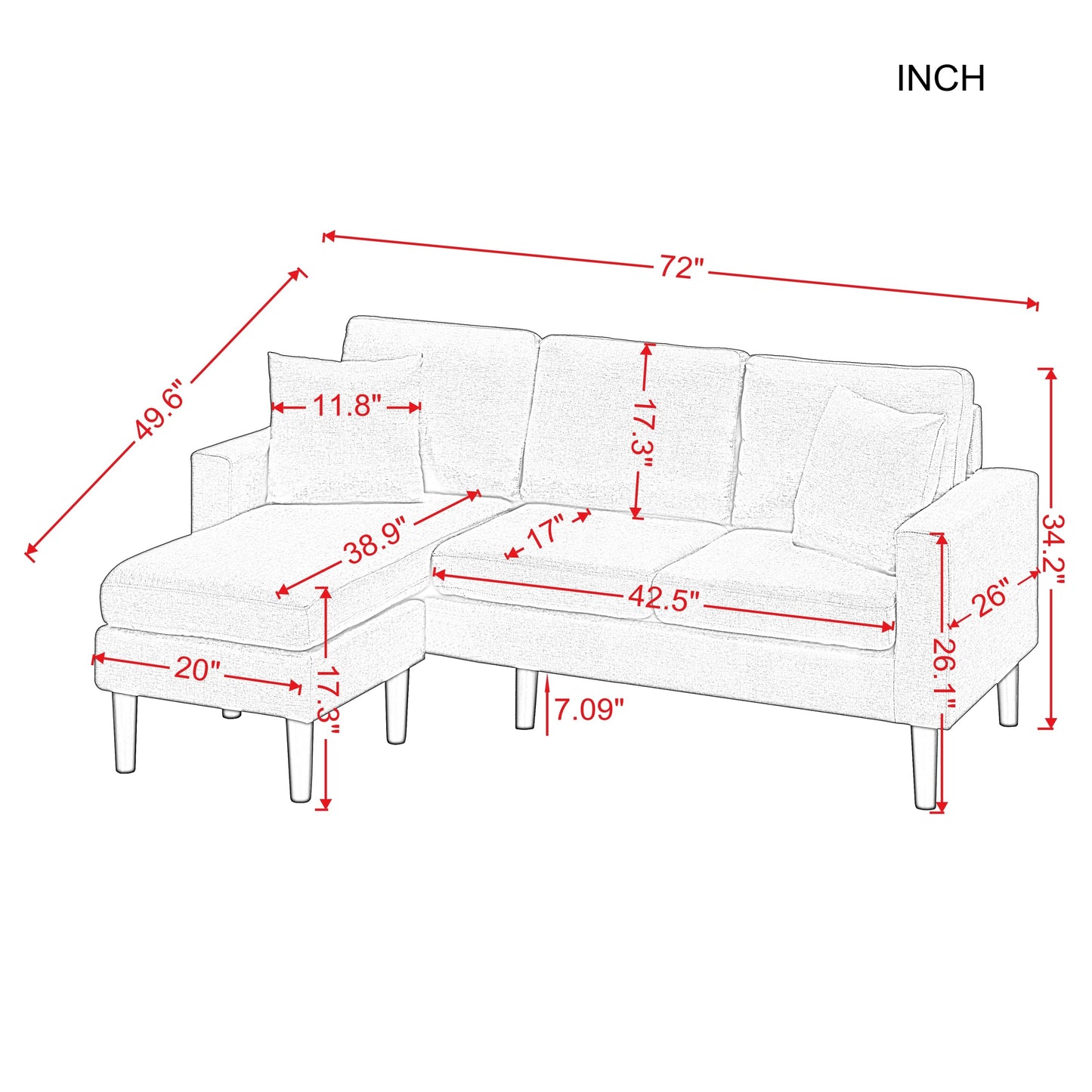 72" Sectional Sofa, Left Hand Facing with 2 Pillows, Yellow Fabric - Size & Color Options