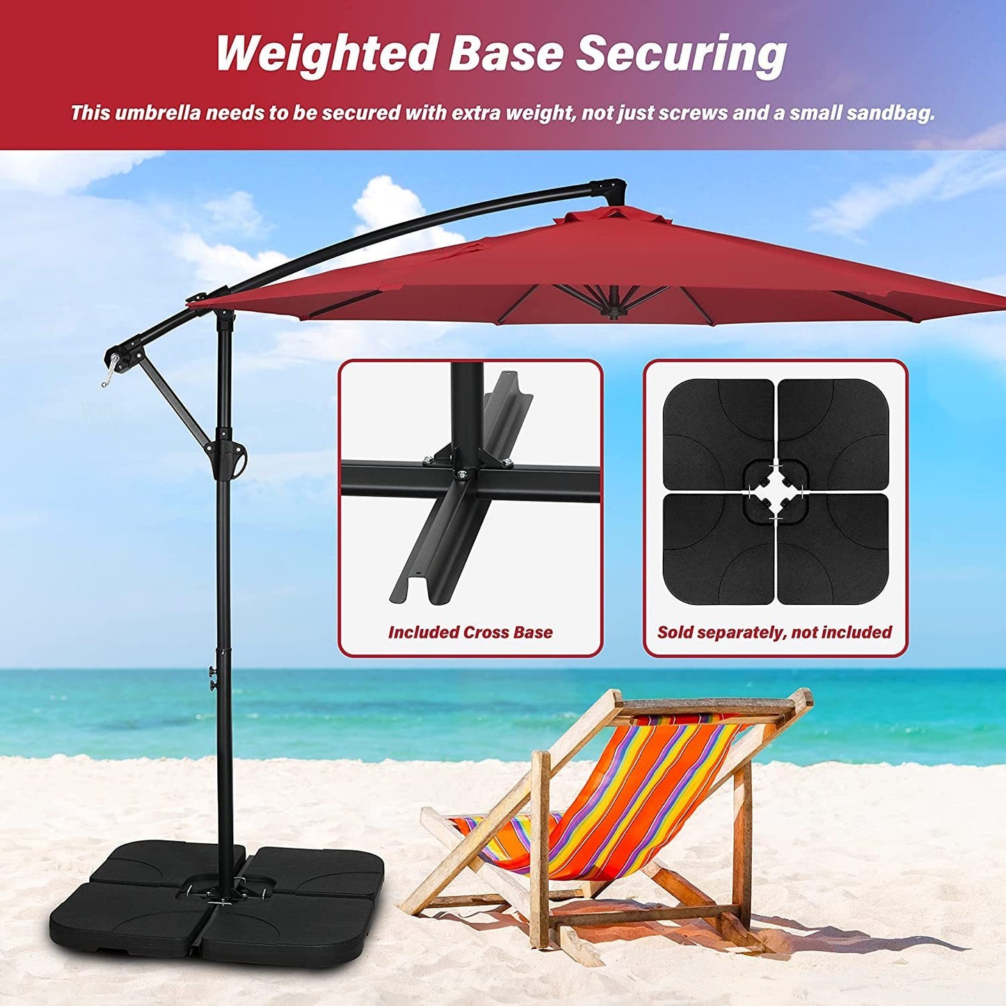 10ft Offset Umbrella Cantilever Patio Hanging Umbrella, Outdoor Market Umbrella with Crank & Cross Base for Garden, Lawn, Backyard, Deck - Red, 10ft Size