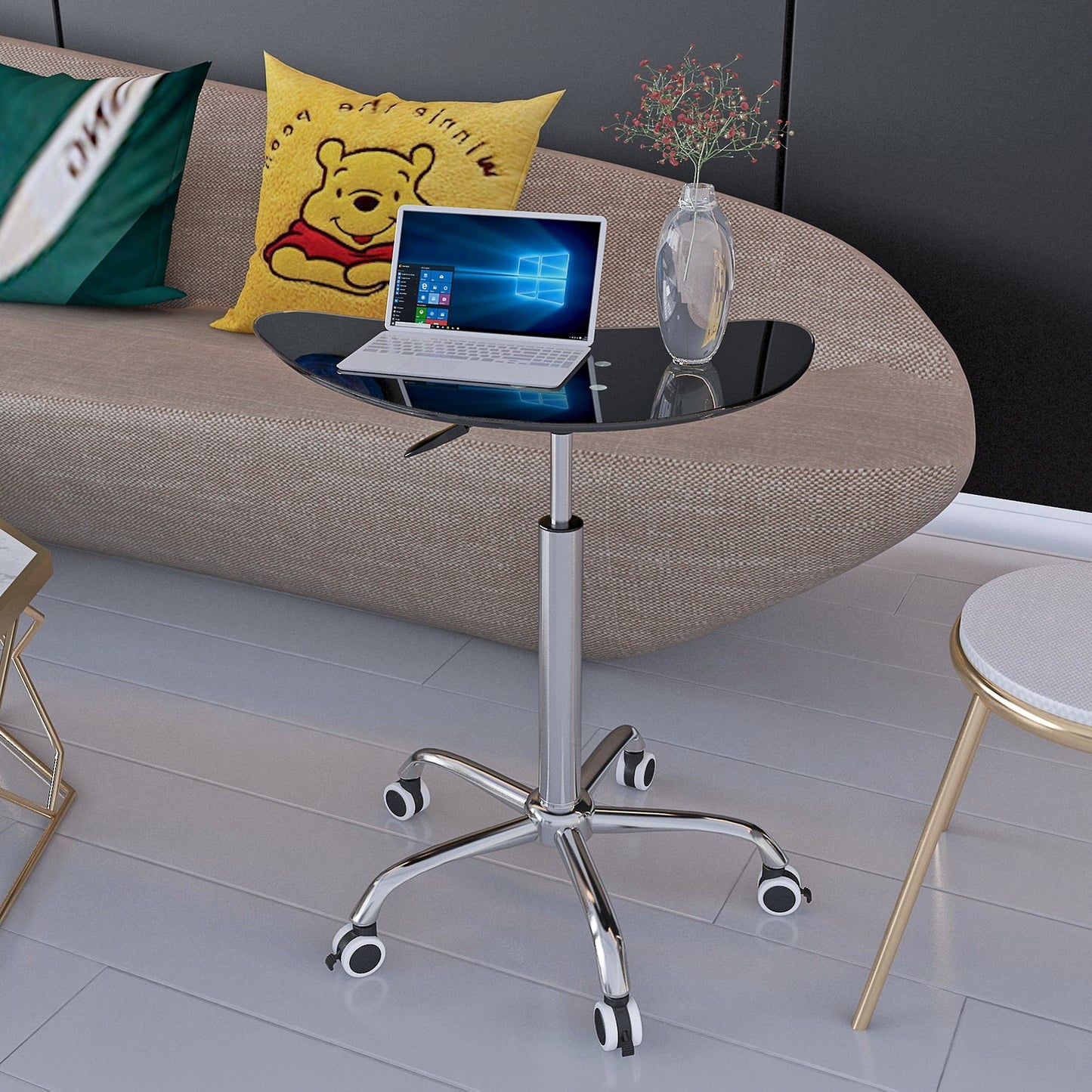 Adjustable Height Black Tempered Glass Table Desk with Lockable Wheels | Adjustable Range 24.2" to 32.7"
