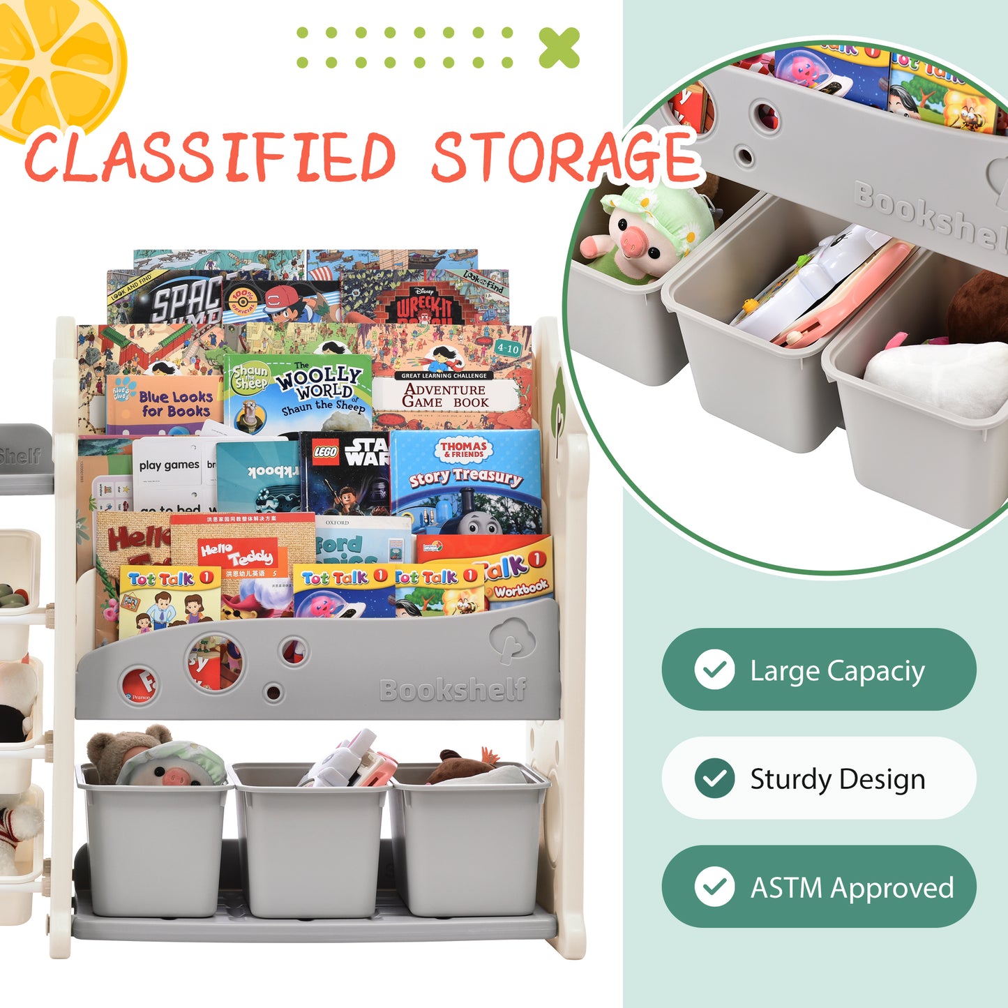 Kids Bookshelf Toy Storage Organizer with 3 Large Bins and 4 Bookshelves - Multi-functional Nursery Furniture Set for Playroom, Bedroom, Living Room - HDPE Shelf and Bins - Space-saving Storage Solution