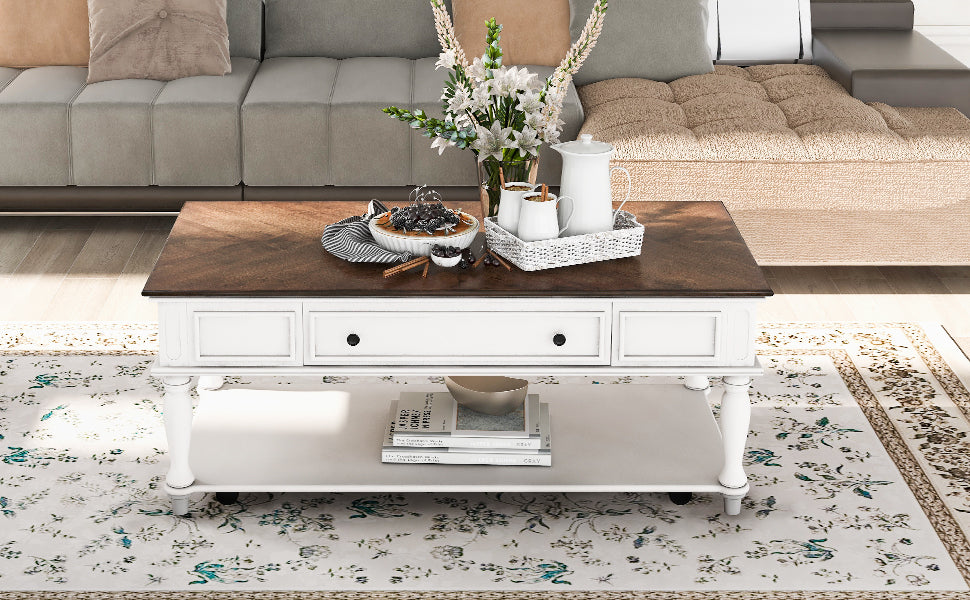 Retro Two-tone Cocktail Table Coffee Table with Caster Wheels | Easy Assembly | Movable | Livingroom Furniture | Antique White Color