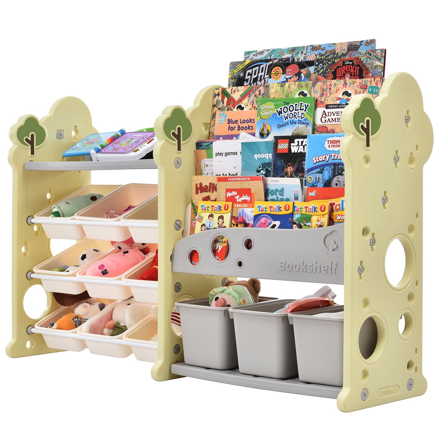 Kids Bookshelf Toy Storage Organizer: 12 Bins, 4 Bookshelves, Multi-functional Nursery Organizer, HDPE Shelf and Bins