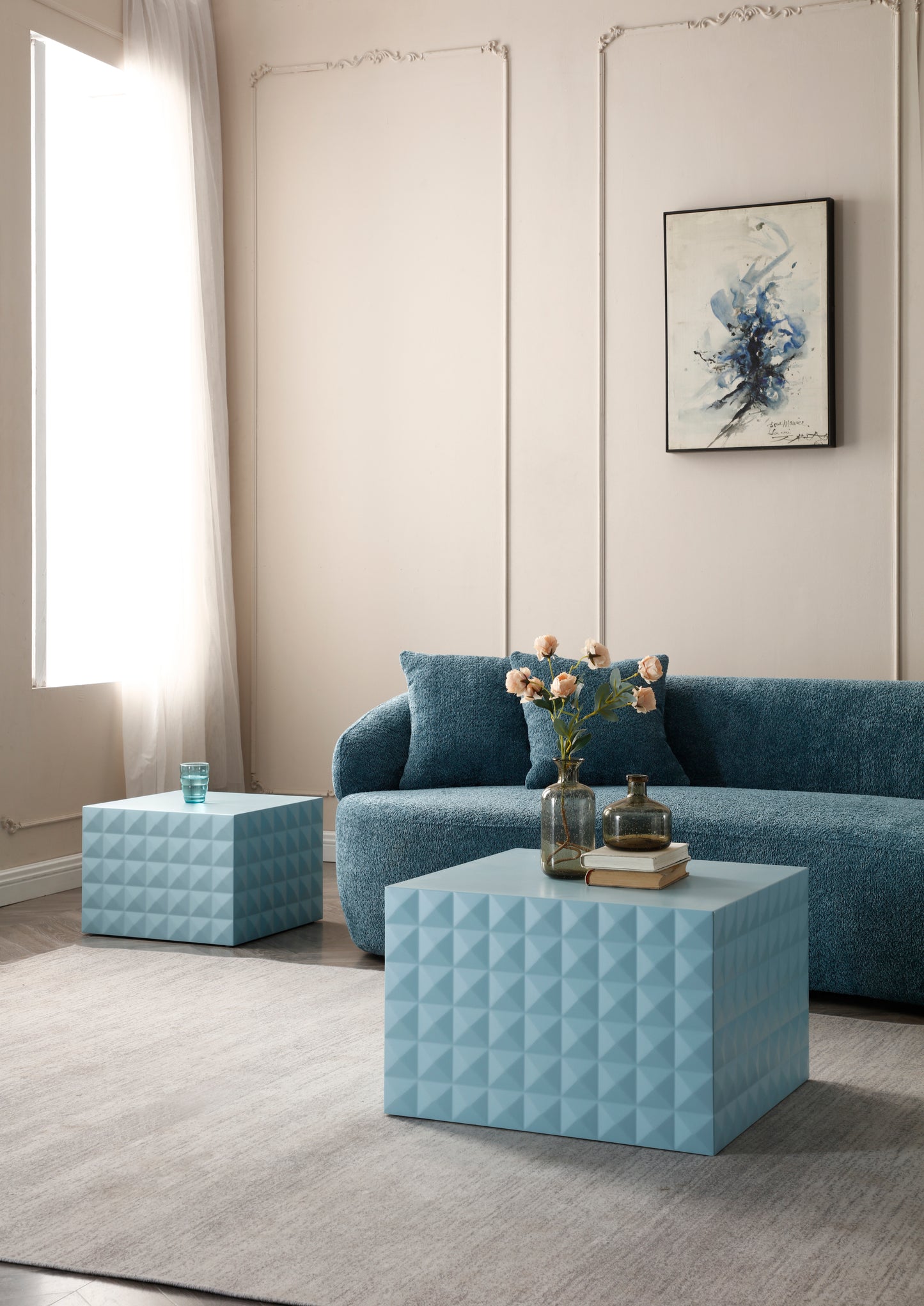 MDF Square Nesting Table Set of 2, Blue, No Assembly Needed