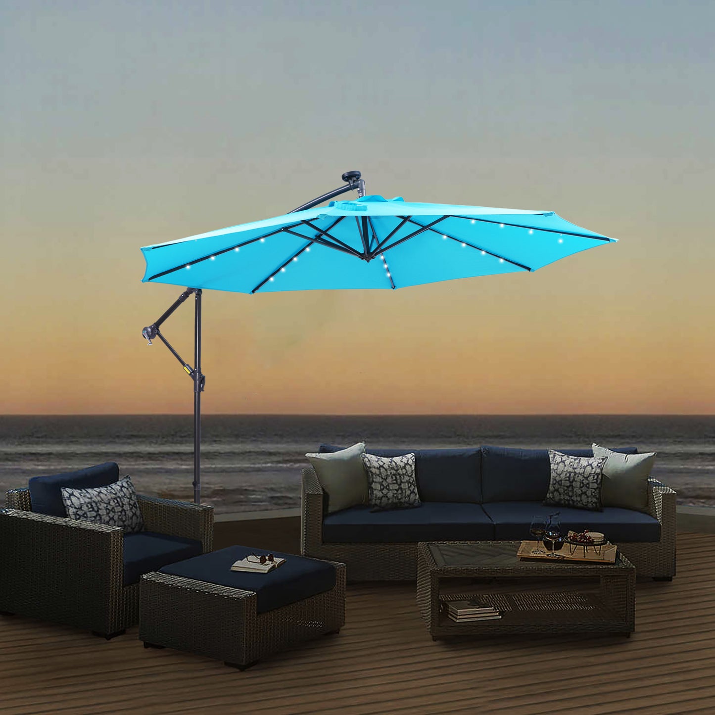 10 FT Solar LED Patio Outdoor Umbrella with 32 LED Lights - Easy Open Adjustment, Hanging Cantilever Offset Design - Ideal for Outdoor Spaces