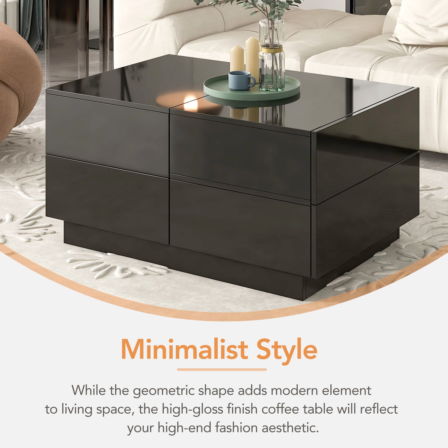 ON-TREND Extendable Coffee Table with 4 Drawers, Hidden Storage, UV High-gloss Center Table, Sliding Top, 35.4"x23.6", Black
