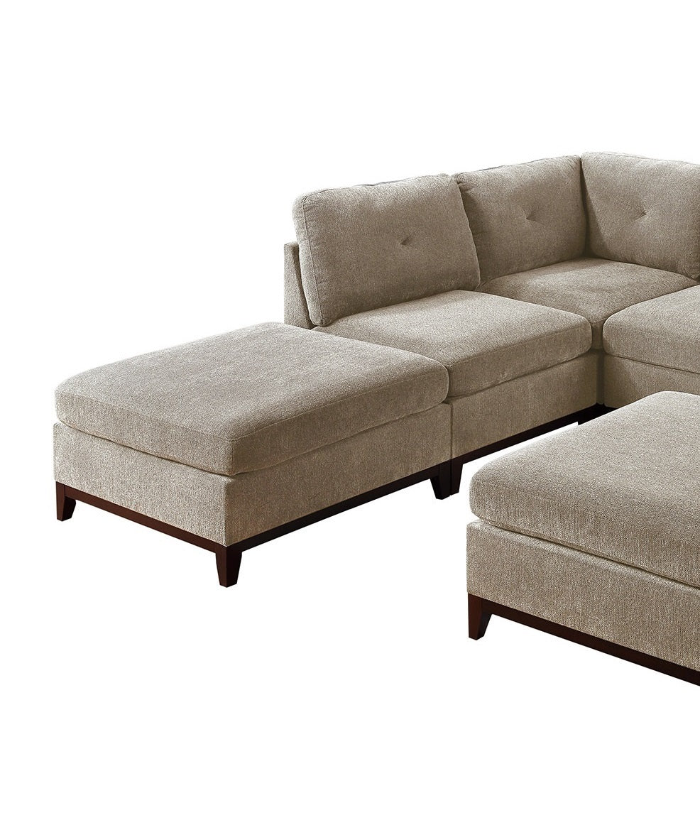 Camel Chenille Fabric Modular Sectional 7pc Set: L-Sectional Couch, Corner Wedge, Armless Chairs, and Ottomans with Tufted Back and Exposed Wooden Base - Living Room Furniture