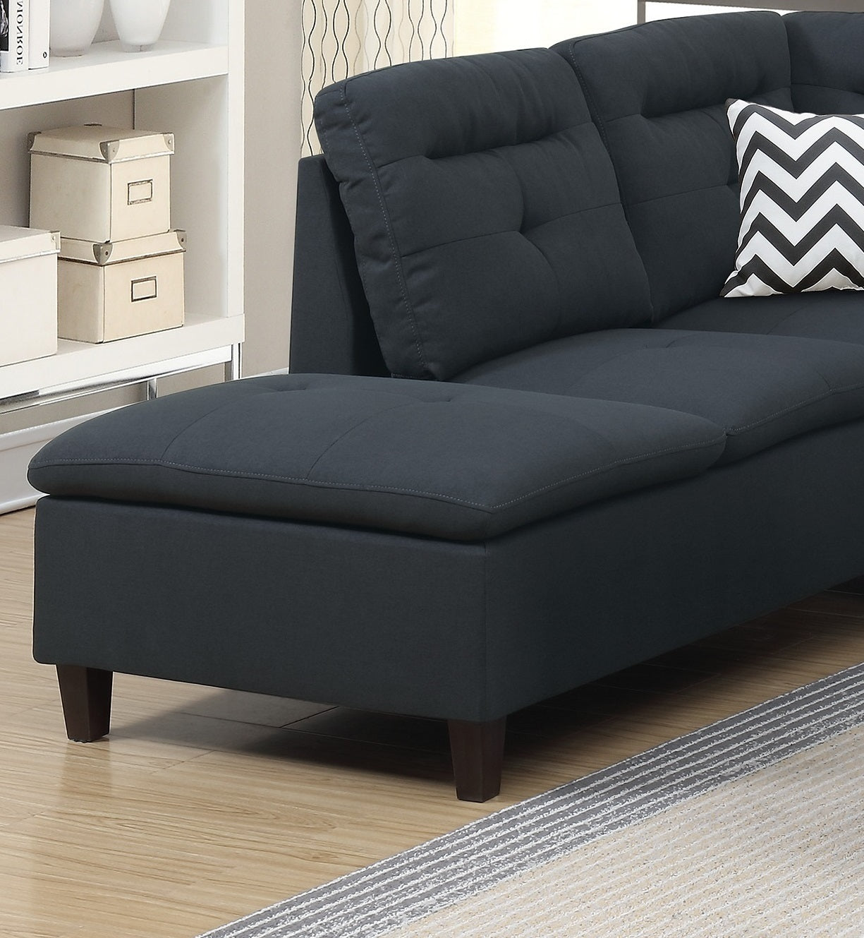 Living Room Furniture: Black Cushion Sectional with Ottoman in Linen-Like Fabric - Sofa Chaise