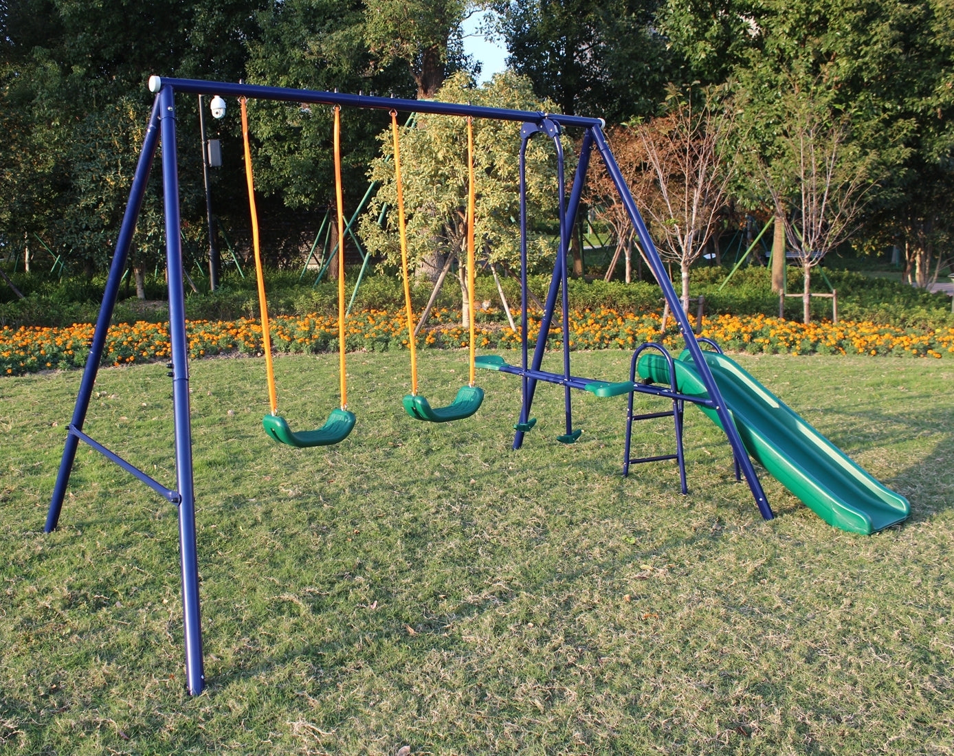 A-Frame Metal Swing Set with Slide: Durable Outdoor Play Equipment for Kids - Blue, Green, Orange Color Options