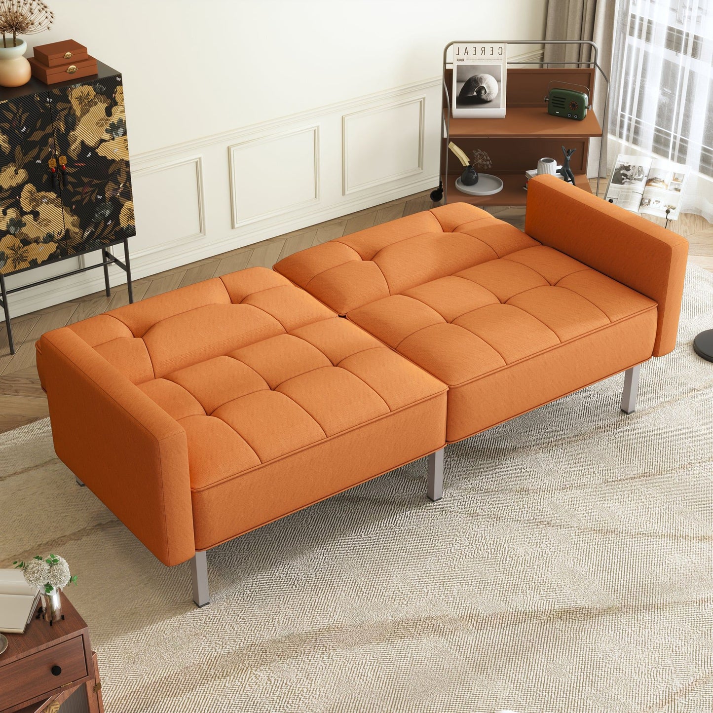 Linen Upholstered Modern Convertible Folding Futon Sofa Bed for Compact Living Space