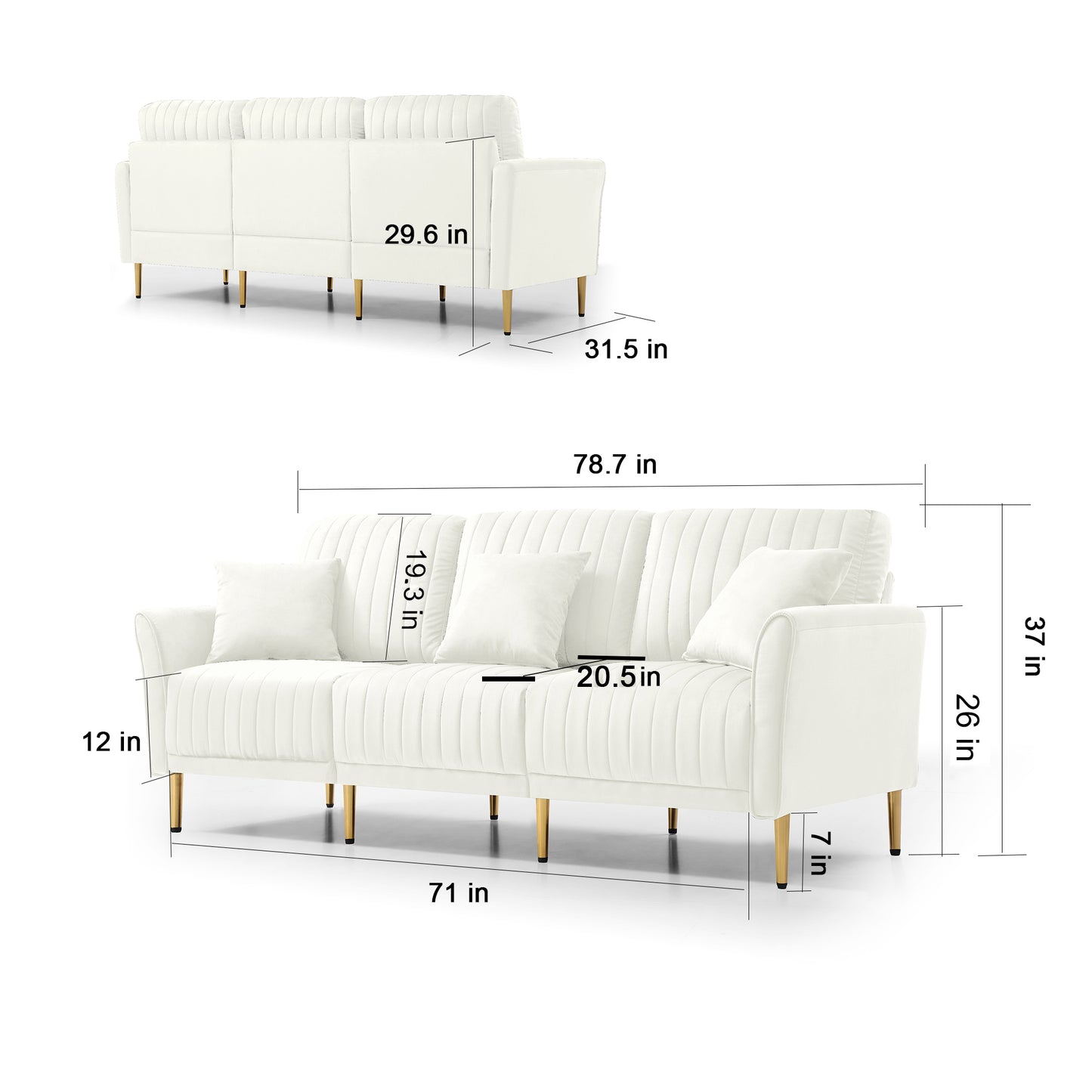 Contemporary Velvet Upholstered 3 Seater Sofa with Deep Channel Tufting and Gold Metal Legs, Cream: Luxurious Cream Velvet Sofa with Deep Tufting and Gold Metal Legs for Elegant Living Spaces