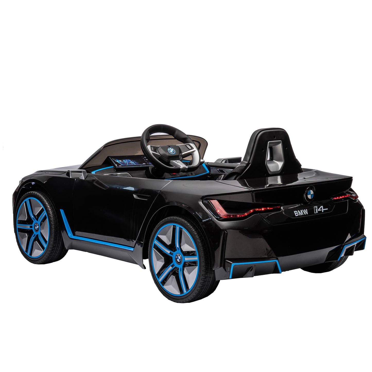 Licensed BMW I4, 12V Kids Ride On Car - 2.4G Remote Control, Electric Car for Kids - Three-Speed Adjustable, Power Display, USB, MP3, Bluetooth - LED Light, Two-Point Safety Belt, Story - Red