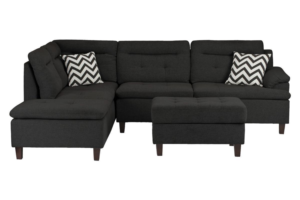 Living Room Furniture: Black Cushion Sectional with Ottoman in Linen-Like Fabric - Sofa Chaise