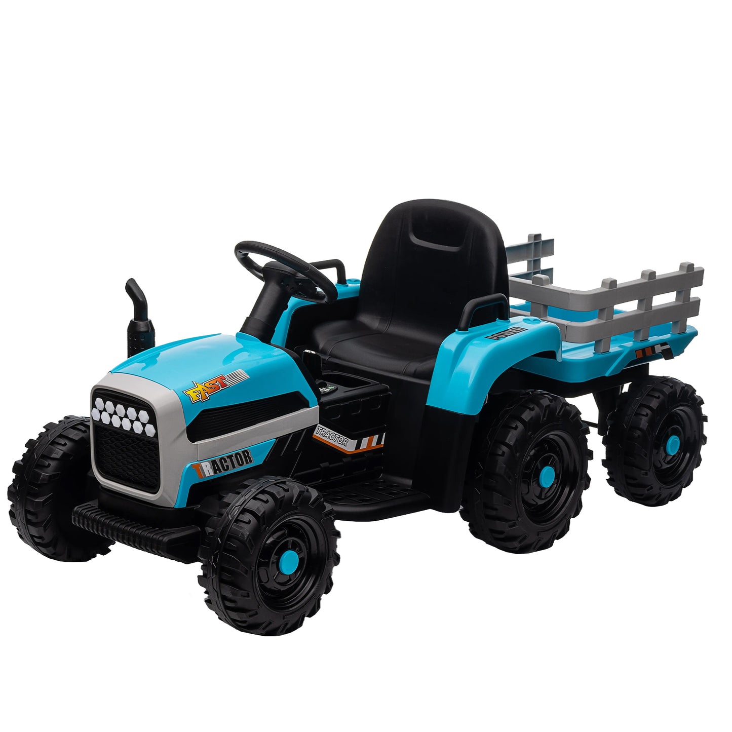 12V Battery Powered Ride on Tractor with Trailer for Kids | Remote Control | 3-Speed Adjustable | Power Display | USB, MP3, Bluetooth | LED Light | Two-Point Safety Belt | Blue