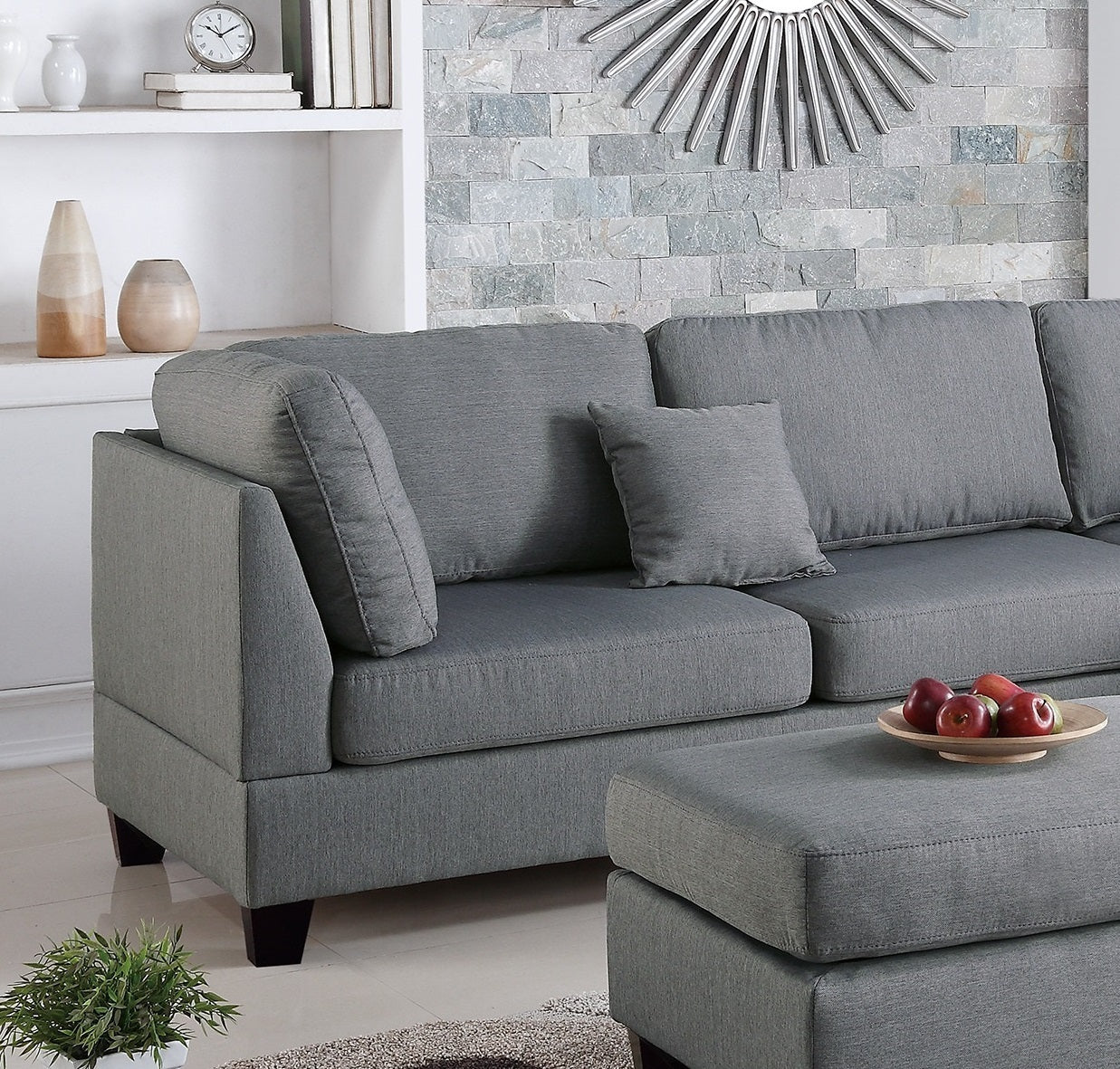 Grey Color 3pcs Sectional Living Room Furniture: Reversible Chaise Sofa, Ottoman, Polyfiber Linen Like Fabric Cushion Couch