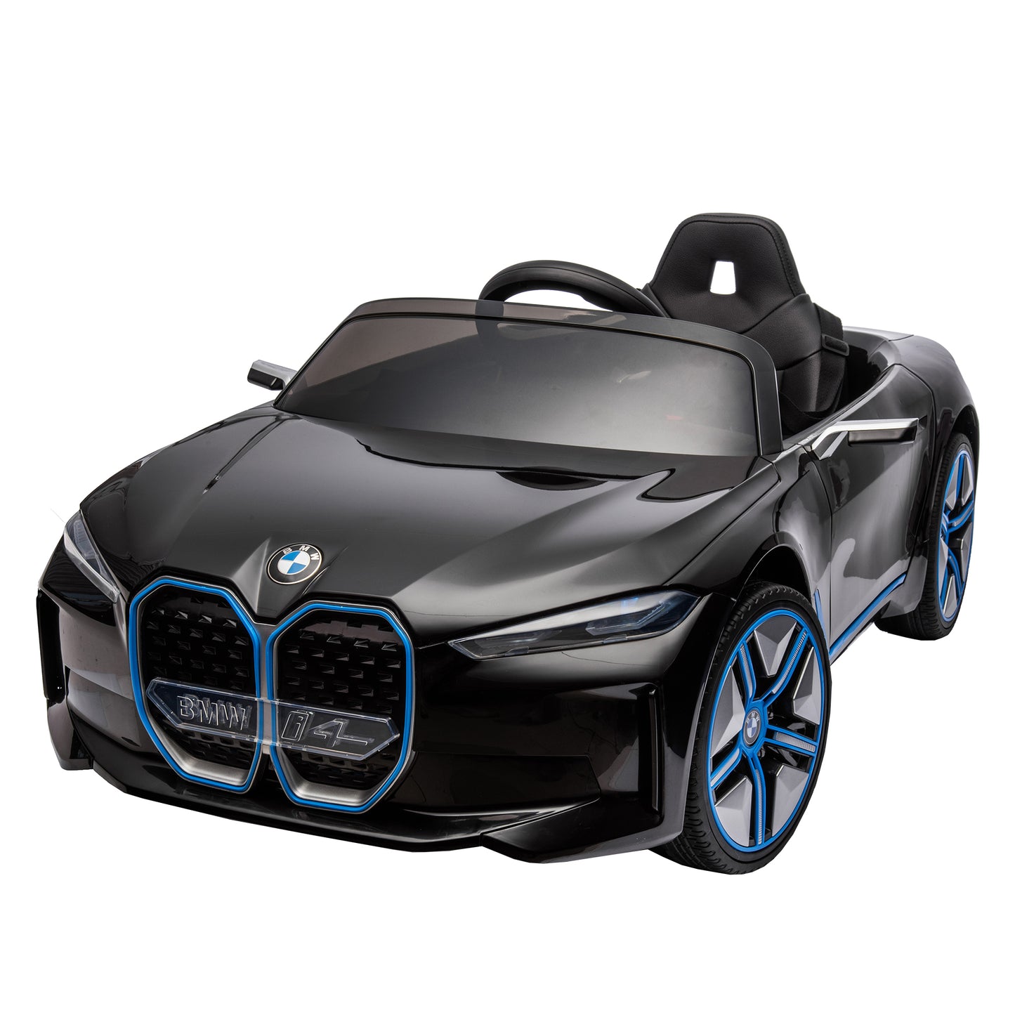 Licensed BMW I4, 12V Kids Ride On Car - 2.4G Remote Control, Electric Car for Kids - Three-Speed Adjustable, Power Display, USB, MP3, Bluetooth - LED Light, Two-Point Safety Belt, Story - Red