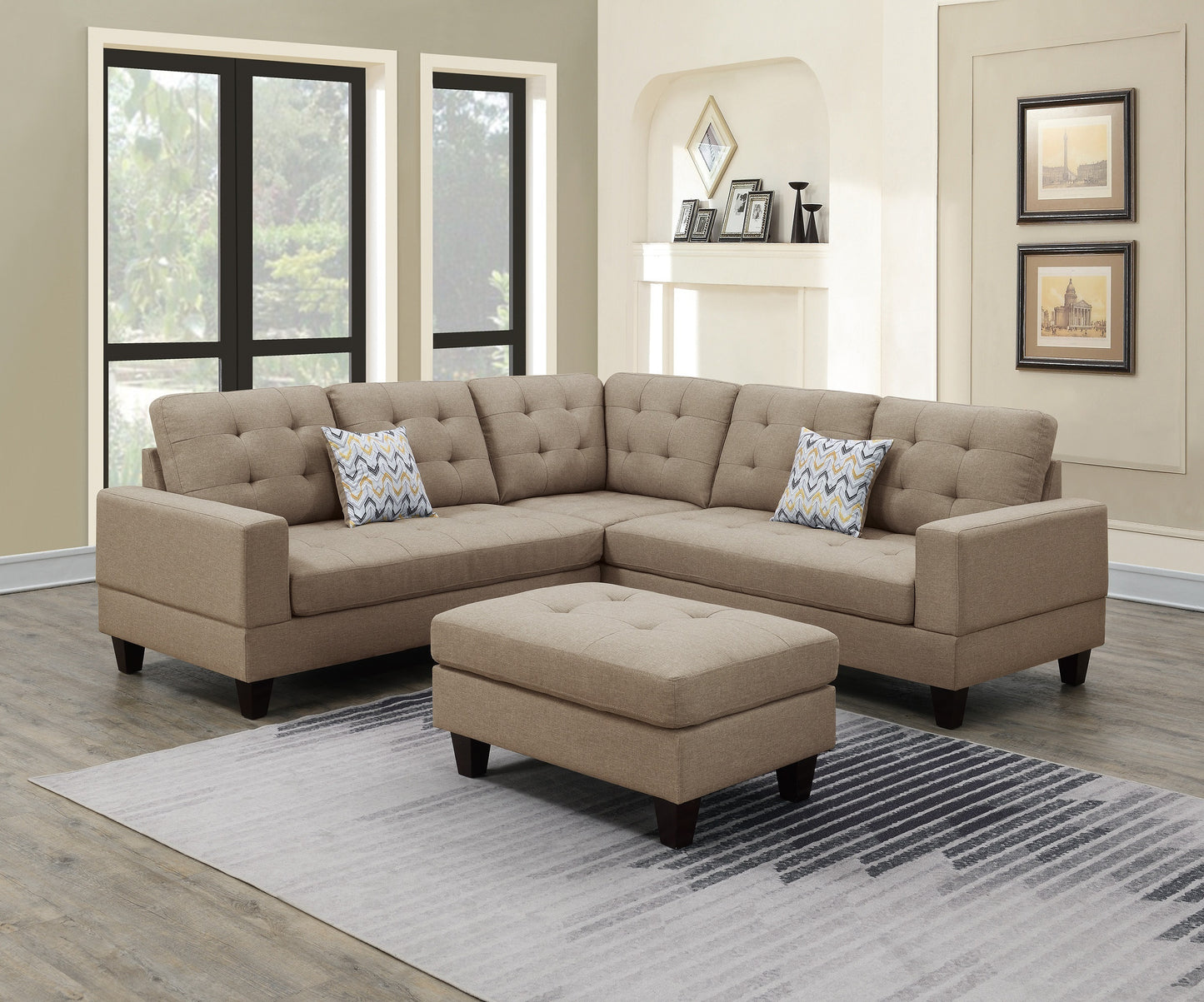 Beige Polyfiber 3pc Sectional Sofa Ottoman: Tufted Loveseat Couch - Living Room Furniture, Stylish & Comfortable, Multiple Configurations, Perfect for Small Spaces - 220 Letters