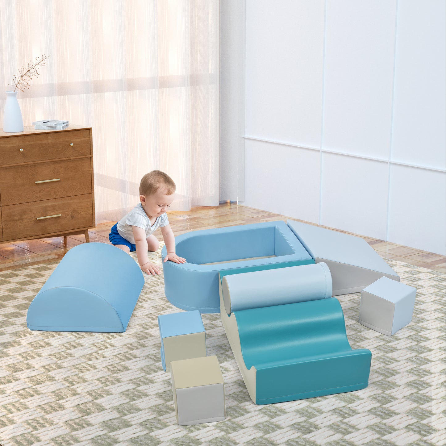 Soft Climb and Crawl Foam Playset 8 in 1 | Safe Soft Foam Nugget Block for Infants, Preschools, Toddlers | Indoor Active Play Structure | Crawling and Climbing Fun | Multiple Colors and Sizes Available