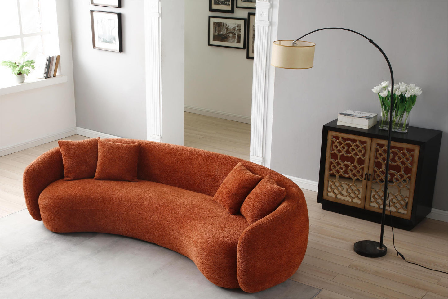 102'' 5-Seater Boucle Sofa: Modern Sectional, Half Moon Leisure Couch, Curved Sofa, Teddy Fleece, Orange