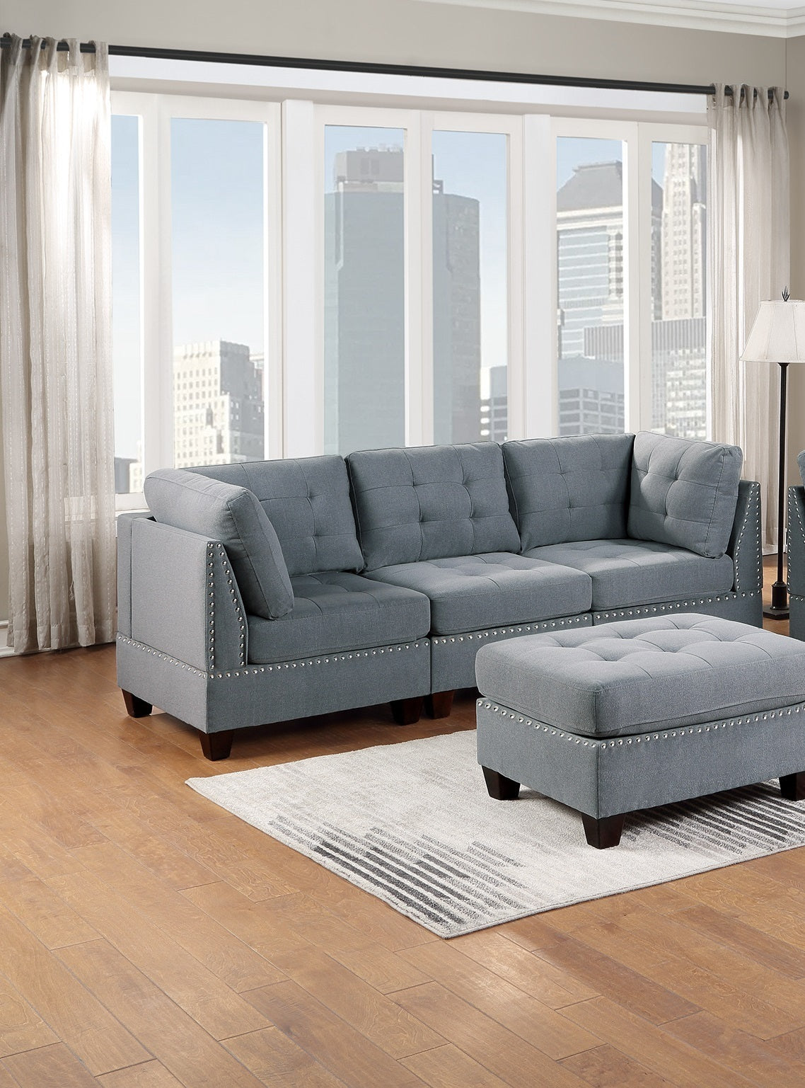 Modular Sofa Set 6pc Living Room Furniture Loveseat Couch Gray Linen Fabric 4x Corner Wedge 1x Armless Chair 1x Ottoman