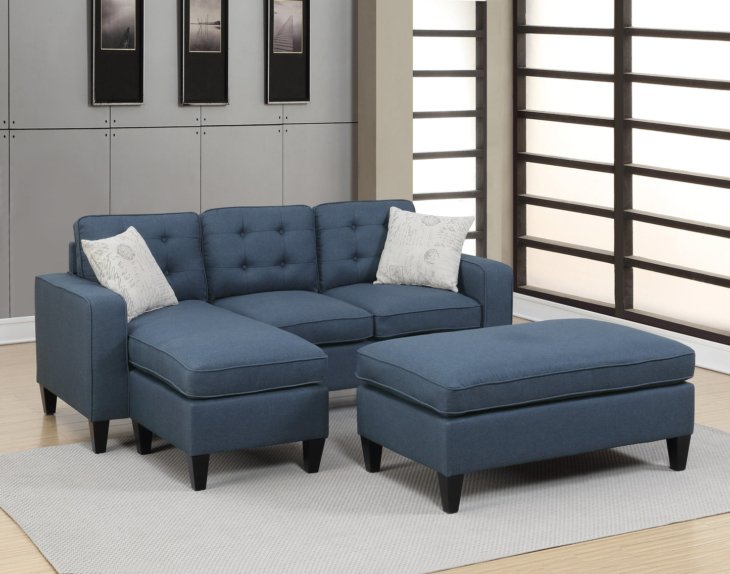 Reversible Navy Tufted 3pc Sectional Sofa Set with Wood Legs, Chaise, Ottoman, Pillows, and Cushion Couch