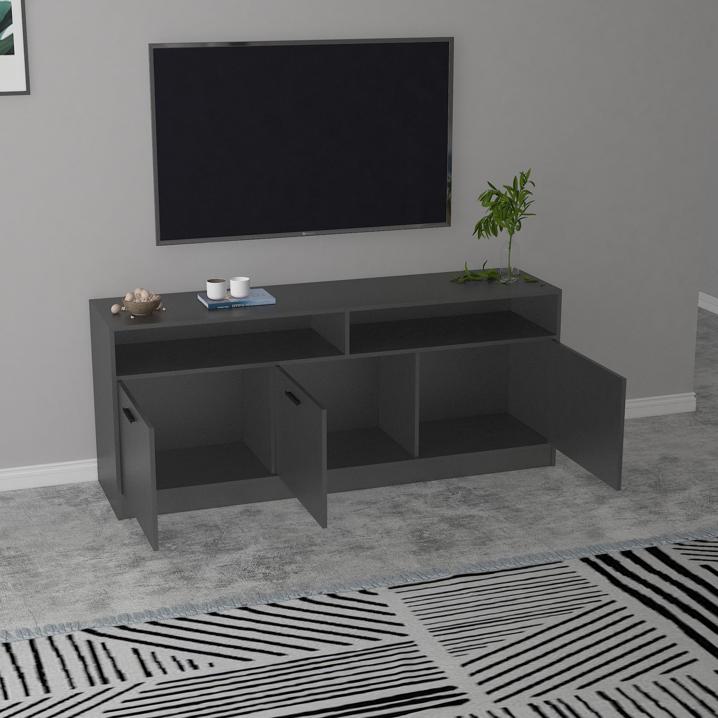 Klair Living Contemporary TV Stand with Three Soft-closing Doors in Dark Gray