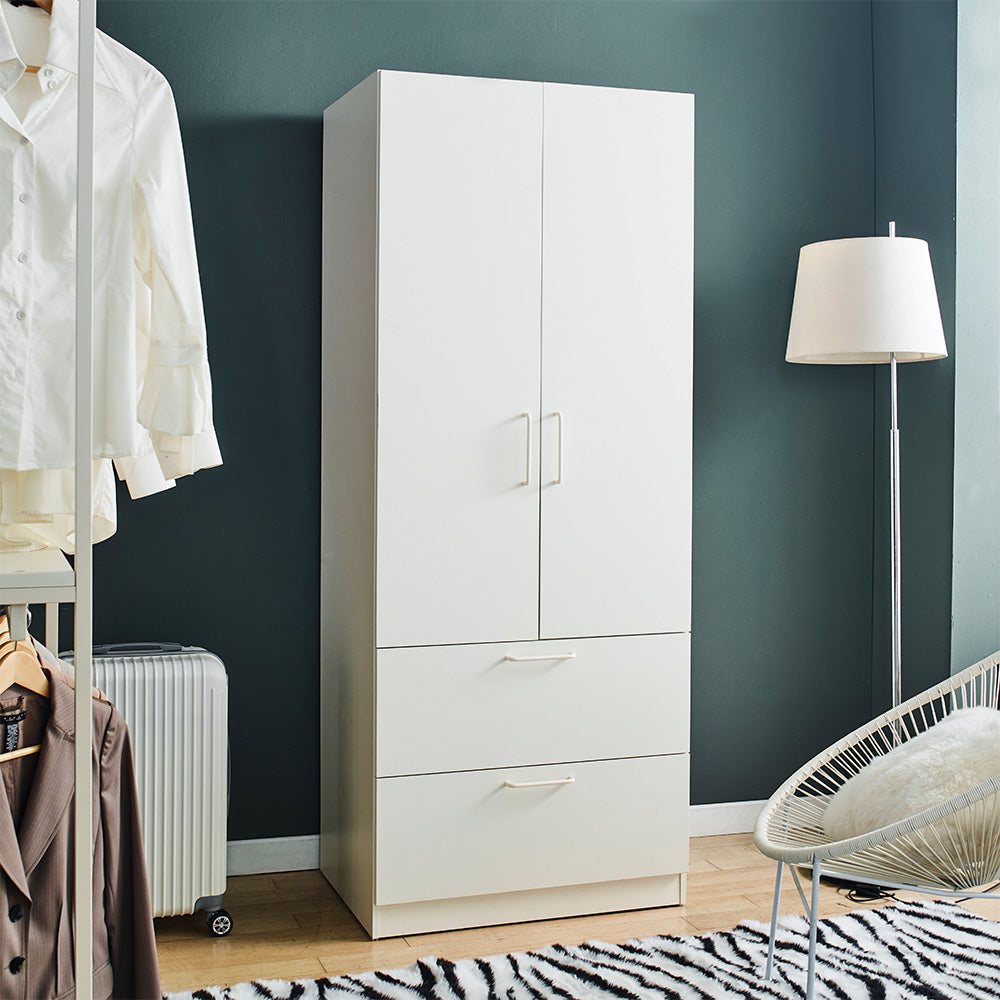 Klair Living Two-Door Wood Closet with Two Drawers and Hanging Bars in White